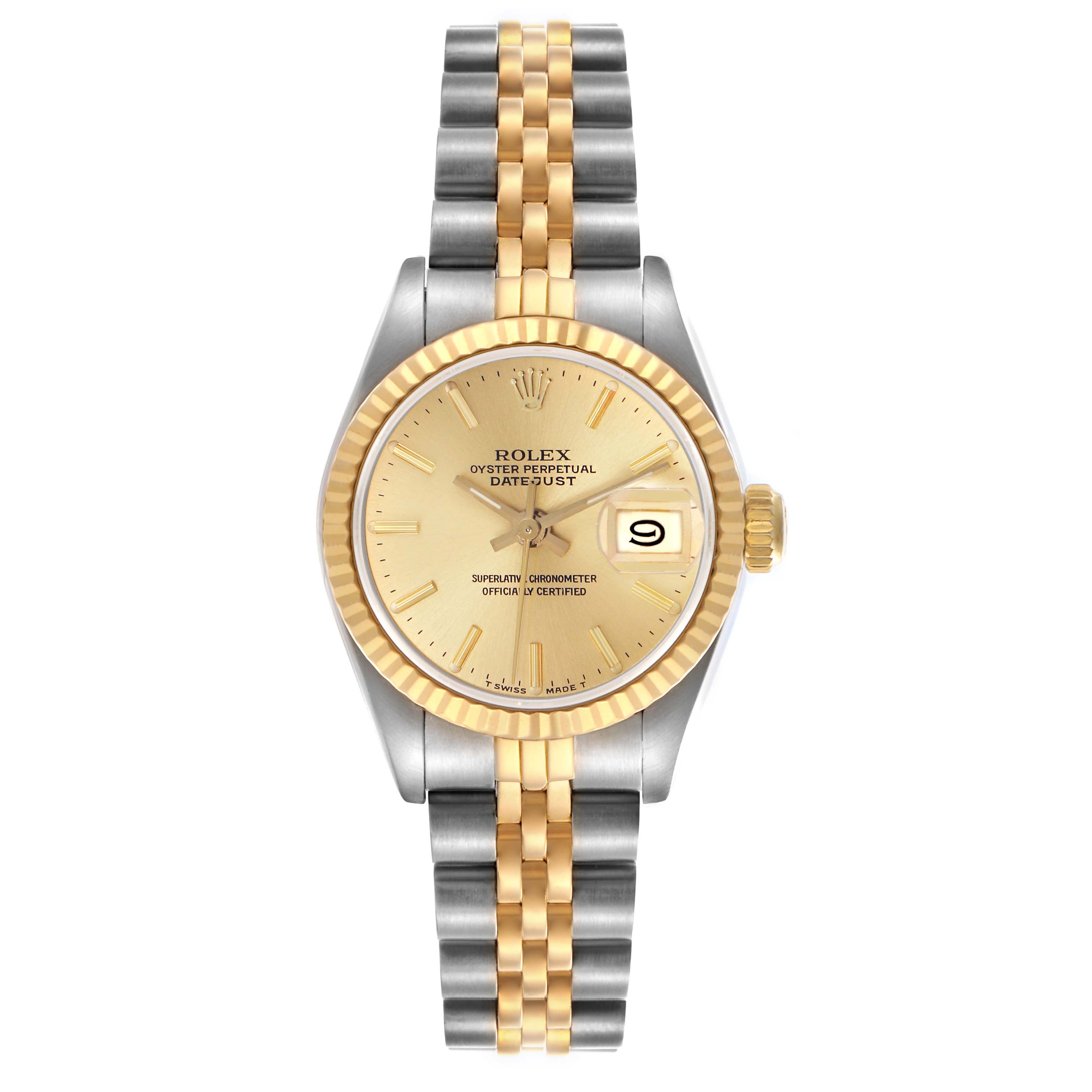 The Rolex Datejust 69173 Women's Steel and Gold (two tone) Champagne Dial 69173 Women's Steel and Gold (two tone) Champagne Dial watch is shown from a front view, displaying its dial, bezel, and two-tone bracelet.