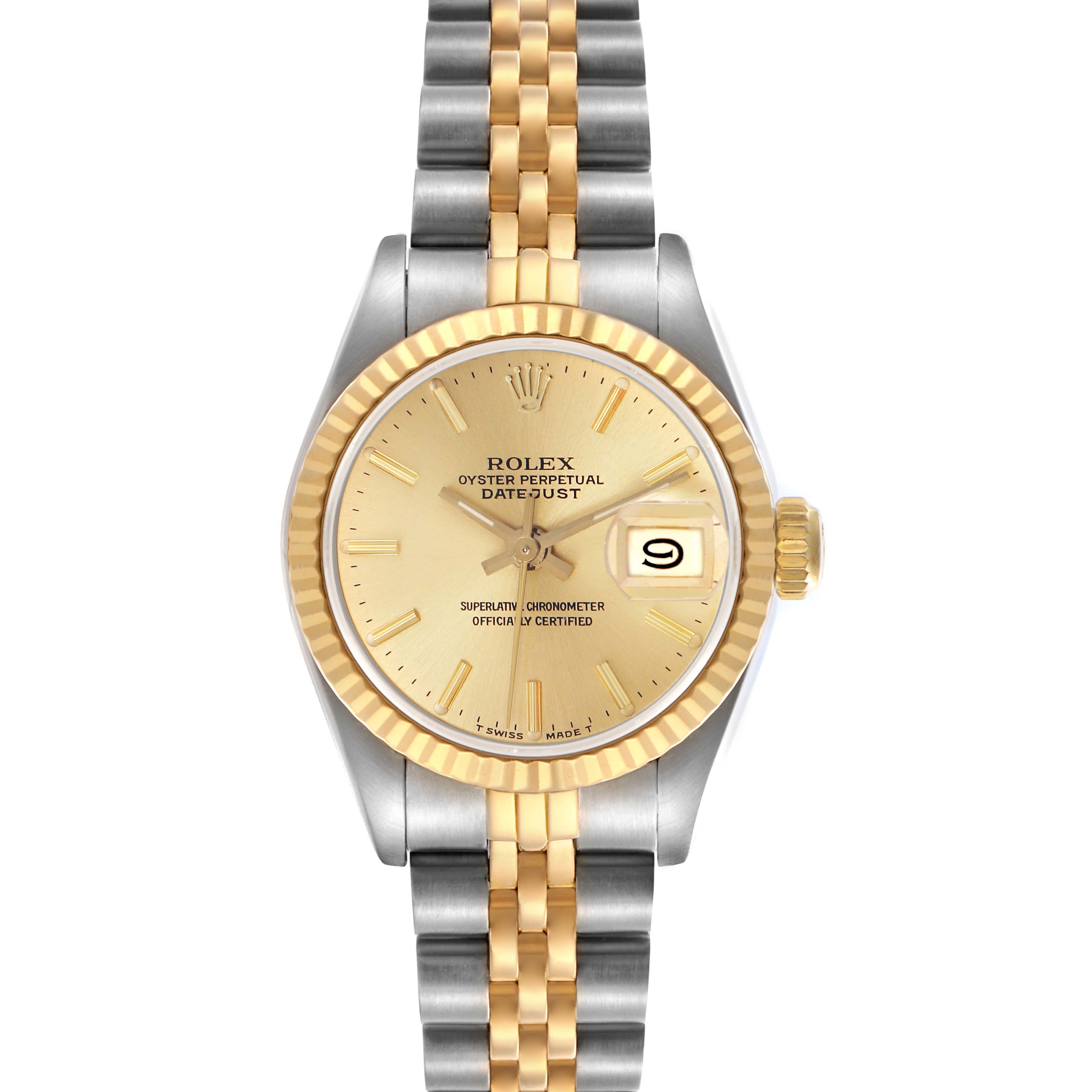 The Rolex Datejust 69173 Women's Steel and Gold (two tone) Champagne Dial 69173 Women's Steel and Gold (two tone) Champagne Dial watch is shown from a top-down angle, displaying its dial, bezel, and bracelet.