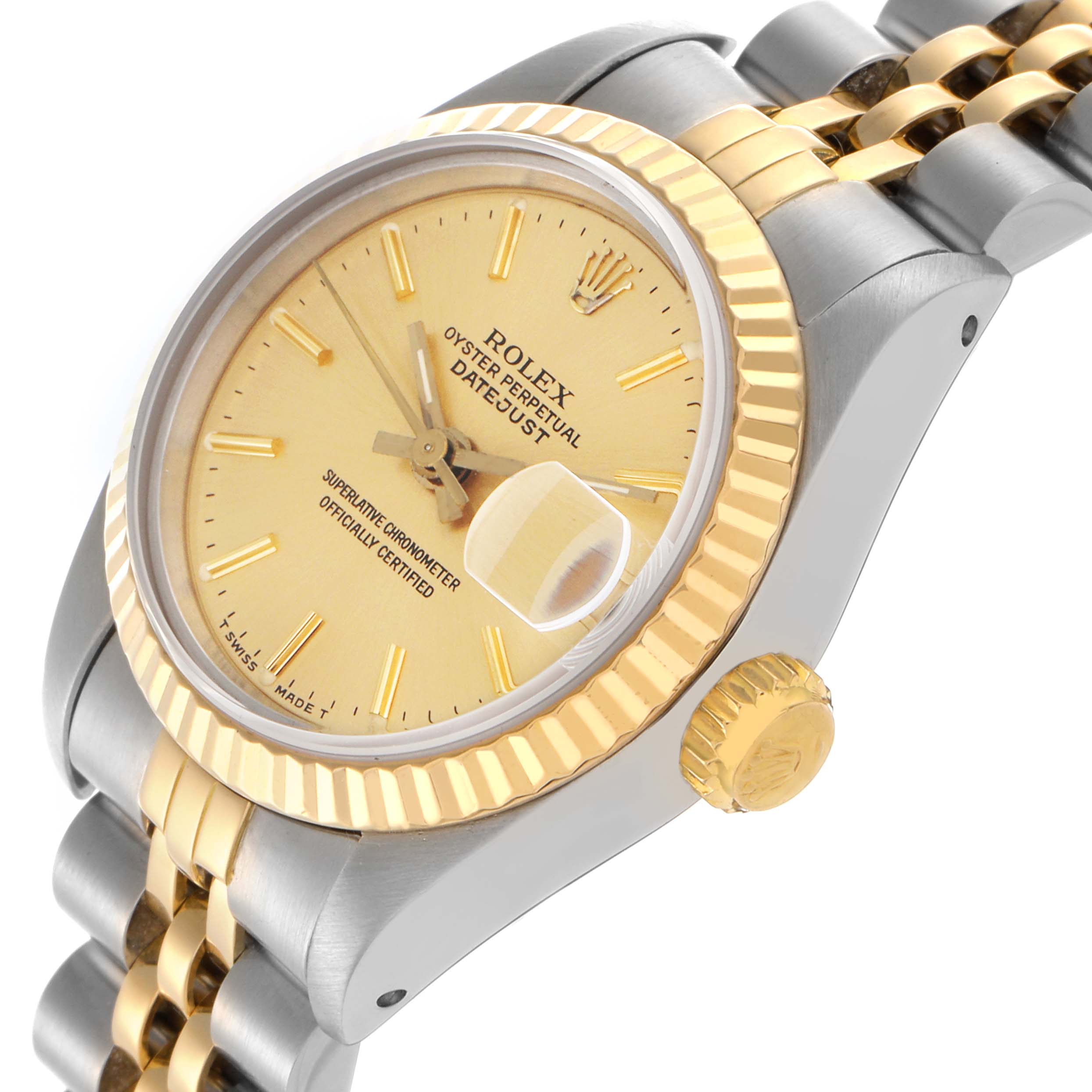 The Rolex Datejust 69173 Women's Steel and Gold (two tone) Champagne Dial 69173 Women's Steel and Gold (two tone) Champagne Dial watch is shown at an angled view, highlighting the dial, fluted bezel, and part of the bracelet.