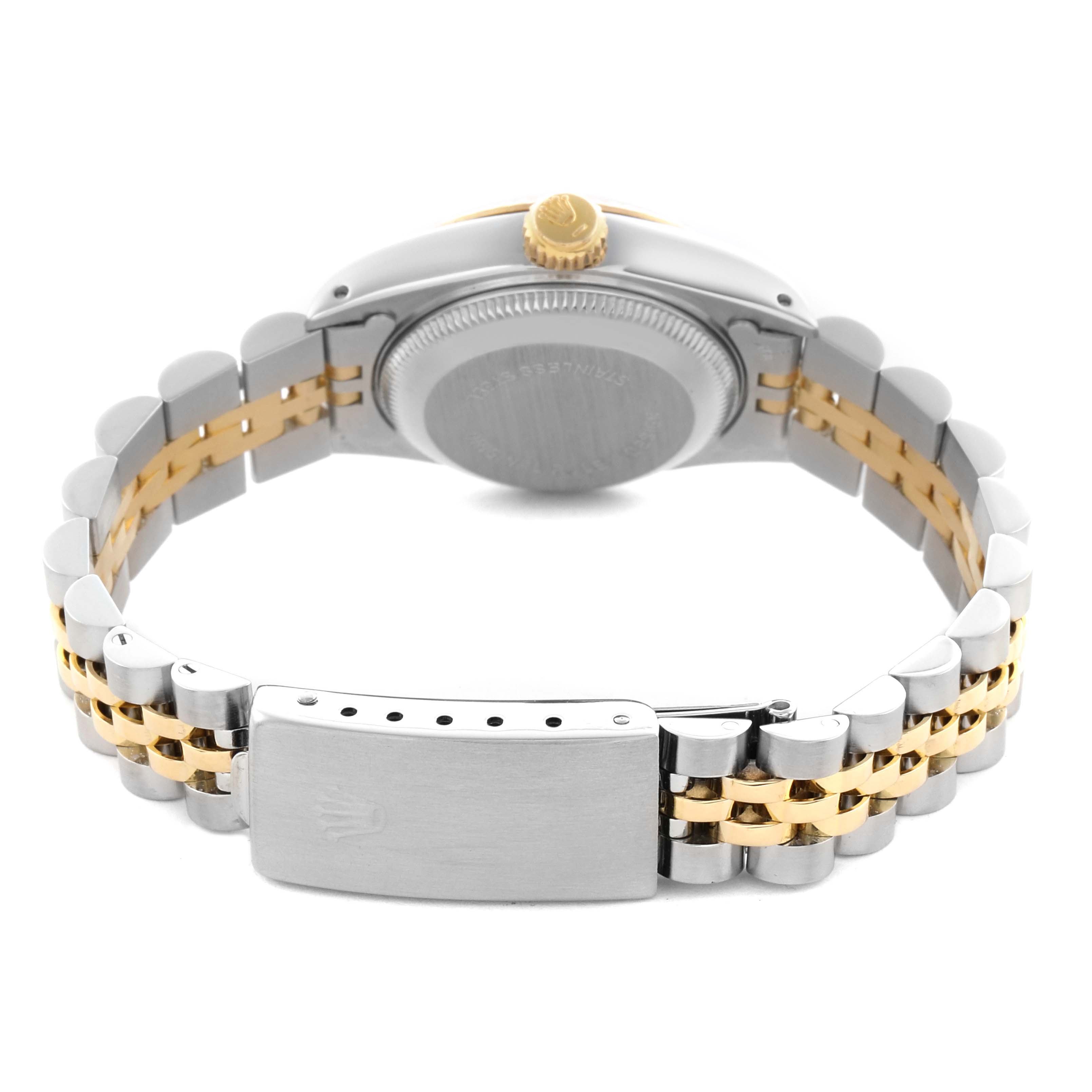 The Rolex Datejust 69173 Women's Steel and Gold (two tone) Champagne Dial 69173 Women's Steel and Gold (two tone) Champagne Dial is shown from the back, highlighting the clasp, crown, and two-tone bracelet.