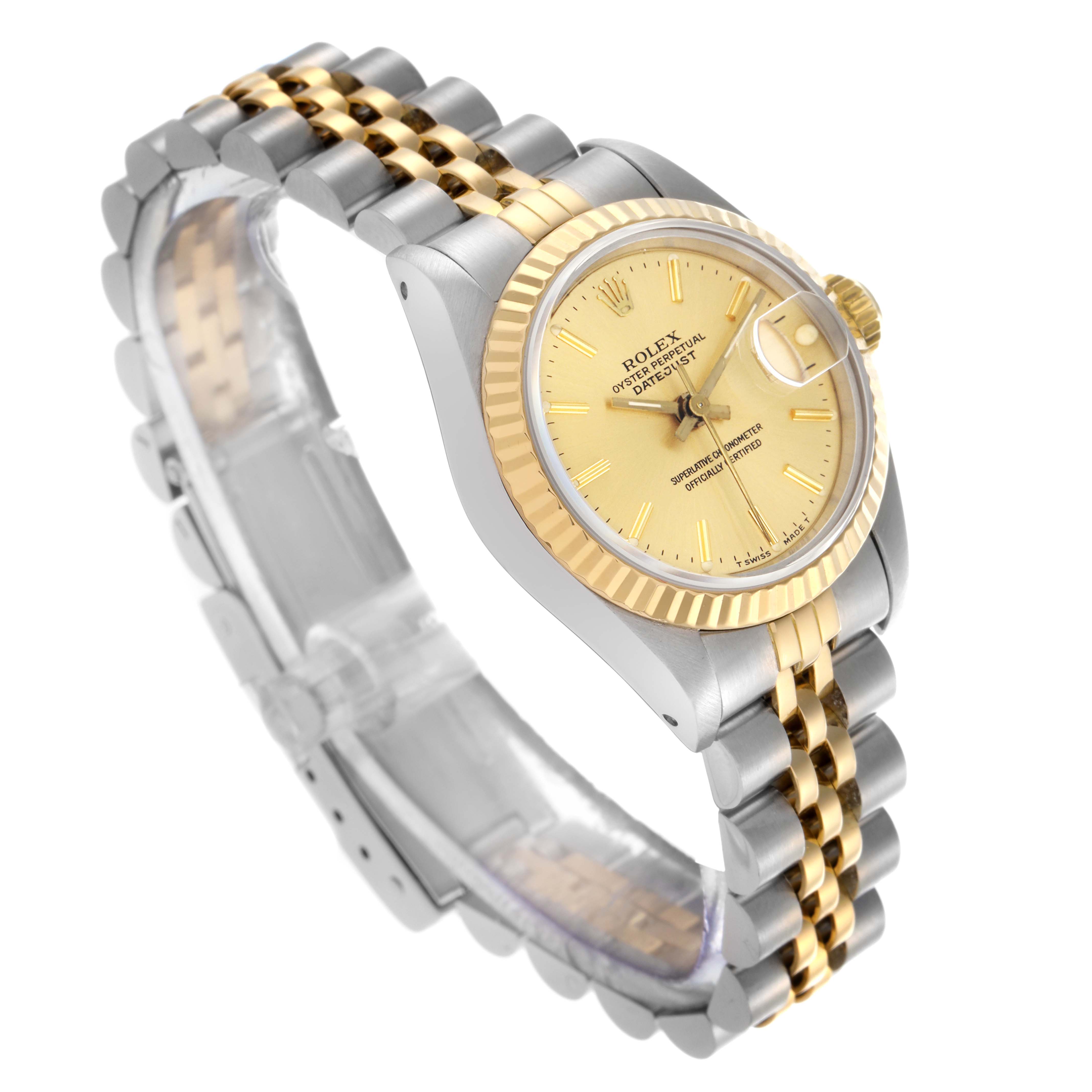 The Rolex Datejust 69173 Women's Steel and Gold (two tone) Champagne Dial 69173 Women's Steel and Gold (two tone) Champagne Dial watch is shown from a front angle, highlighting its gold face, fluted bezel, and two-tone Jubilee bracelet.