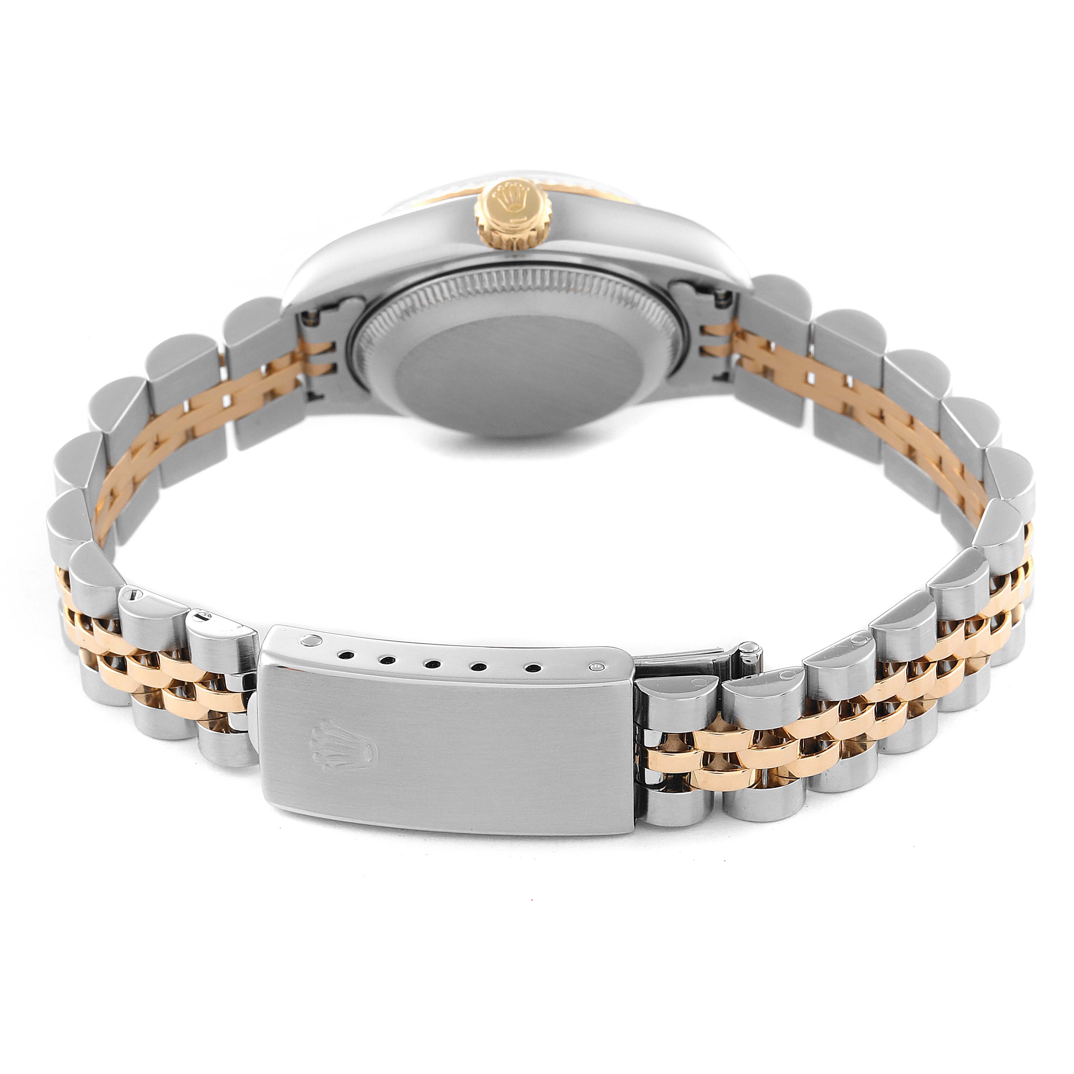 The image shows the back and band of a Rolex Datejust 69173 Women's Steel and Gold (two tone) Champagne Dial 69173 Women's Steel and Gold (two tone) Champagne Dial watch, highlighting the crown, case back, and two-tone bracelet.