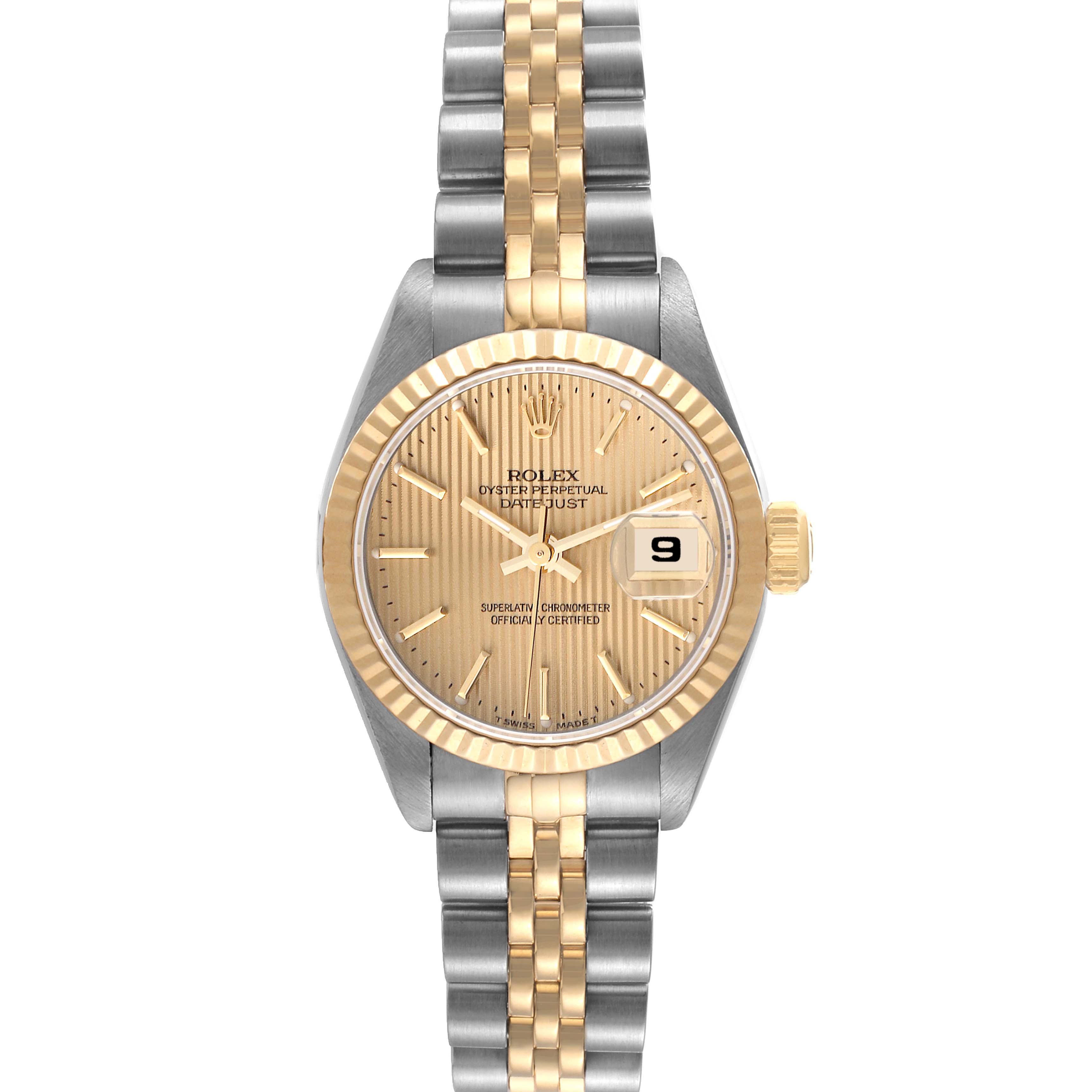 The image shows a frontal view of the Rolex Datejust 69173 Women's Steel and Gold (two tone) Champagne Dial 69173 Women's Steel and Gold (two tone) Champagne Dial watch with a gold and silver jubilee bracelet.