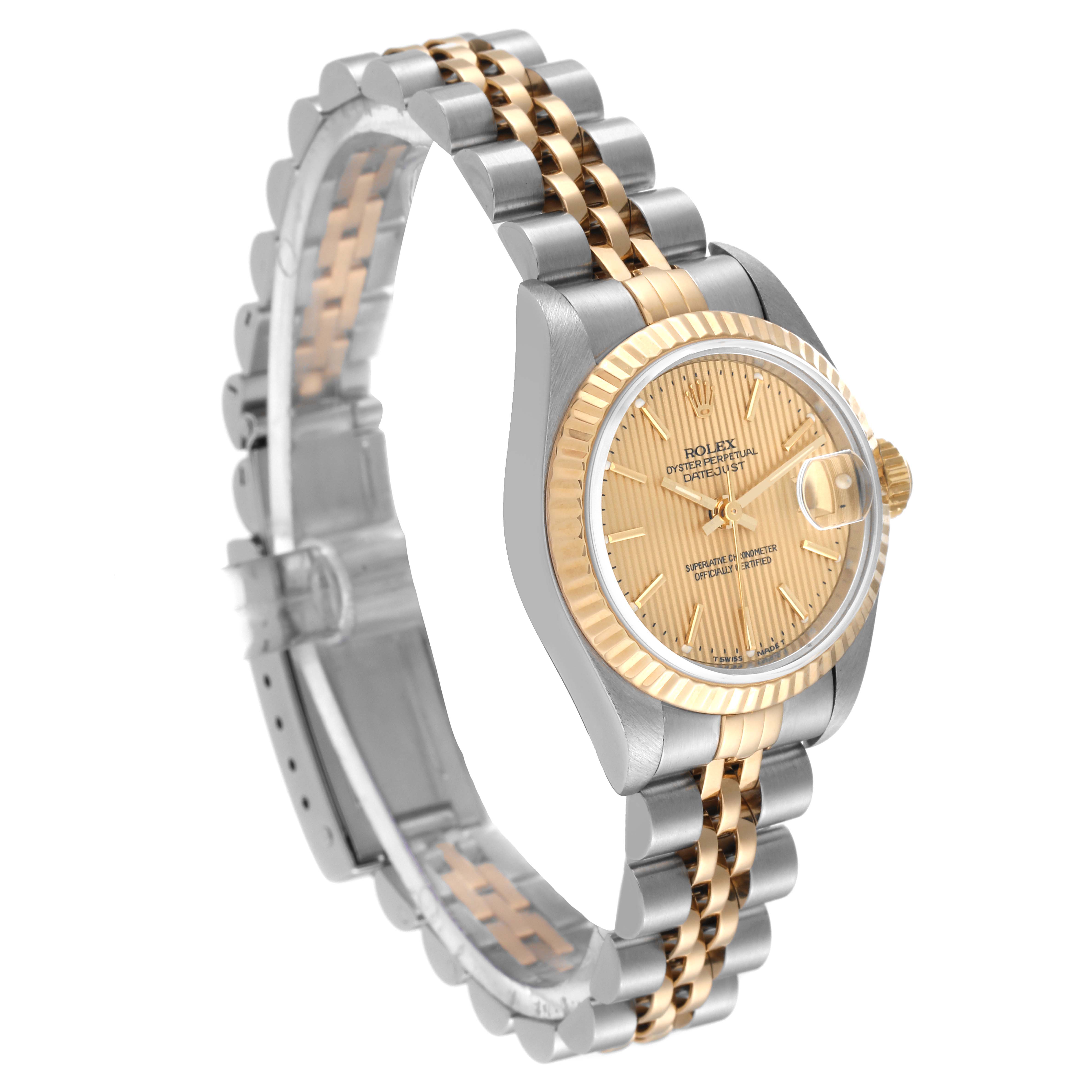 The image shows a side-angle view of a Rolex Datejust 69173 Women's Steel and Gold (two tone) Champagne Dial 69173 Women's Steel and Gold (two tone) Champagne Dial watch, highlighting its two-tone bracelet and fluted bezel.