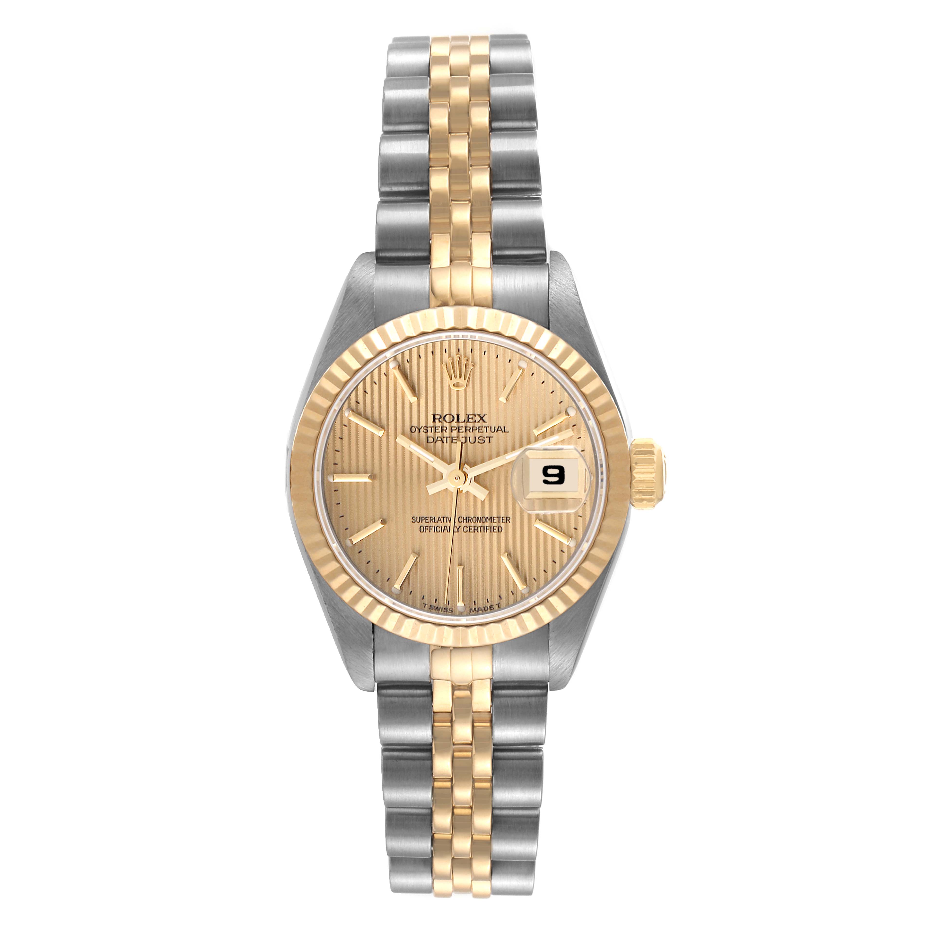 This image shows a front view of the Rolex Datejust 69173 Women's Steel and Gold (two tone) Champagne Dial 69173 Women's Steel and Gold (two tone) Champagne Dial watch, highlighting its gold and silver bracelet and gold-colored dial.