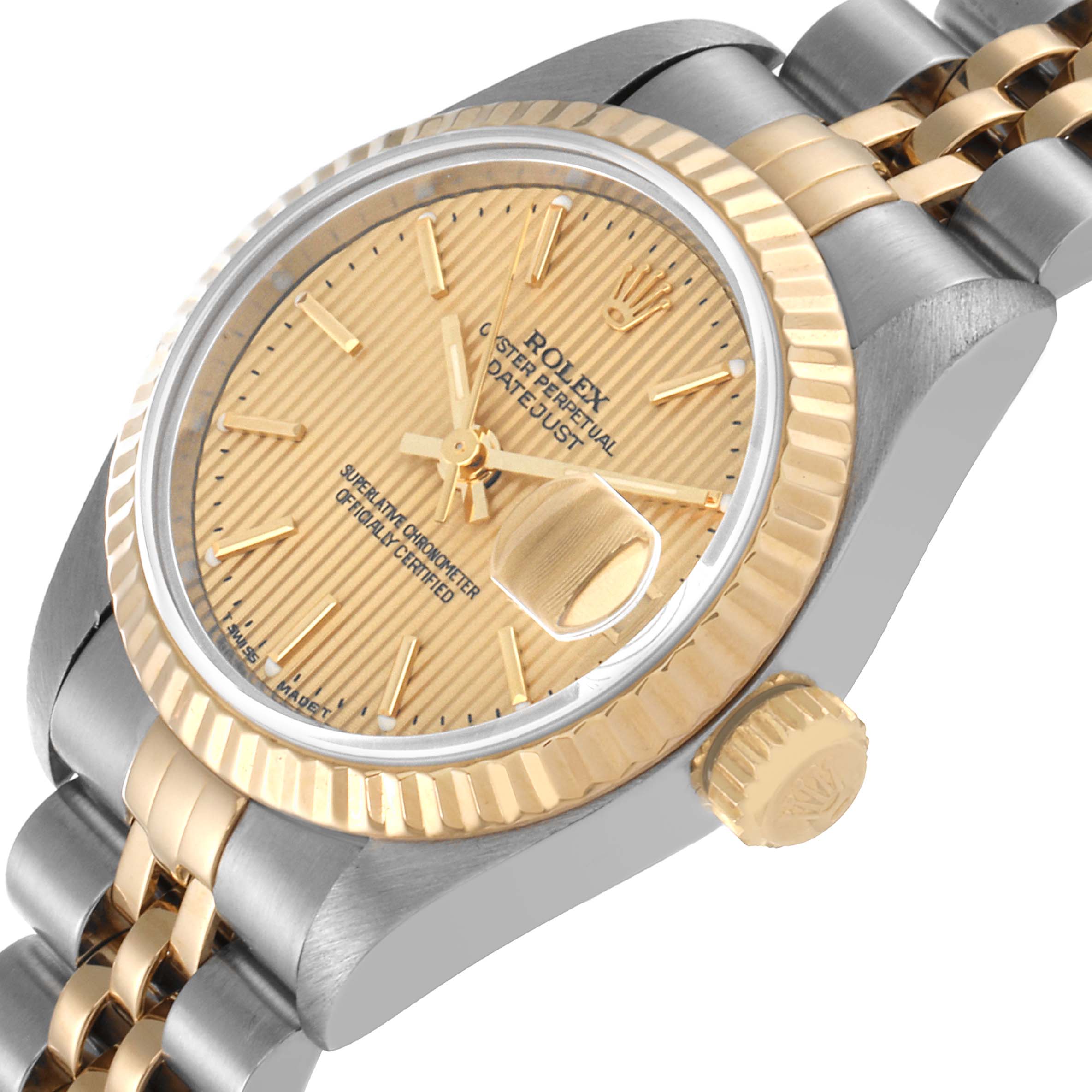 The image shows a close-up angled view of the Rolex Datejust 69173 Women's Steel and Gold (two tone) Champagne Dial 69173 Women's Steel and Gold (two tone) Champagne Dial watch, highlighting the dial, fluted bezel, and part of the bracelet.