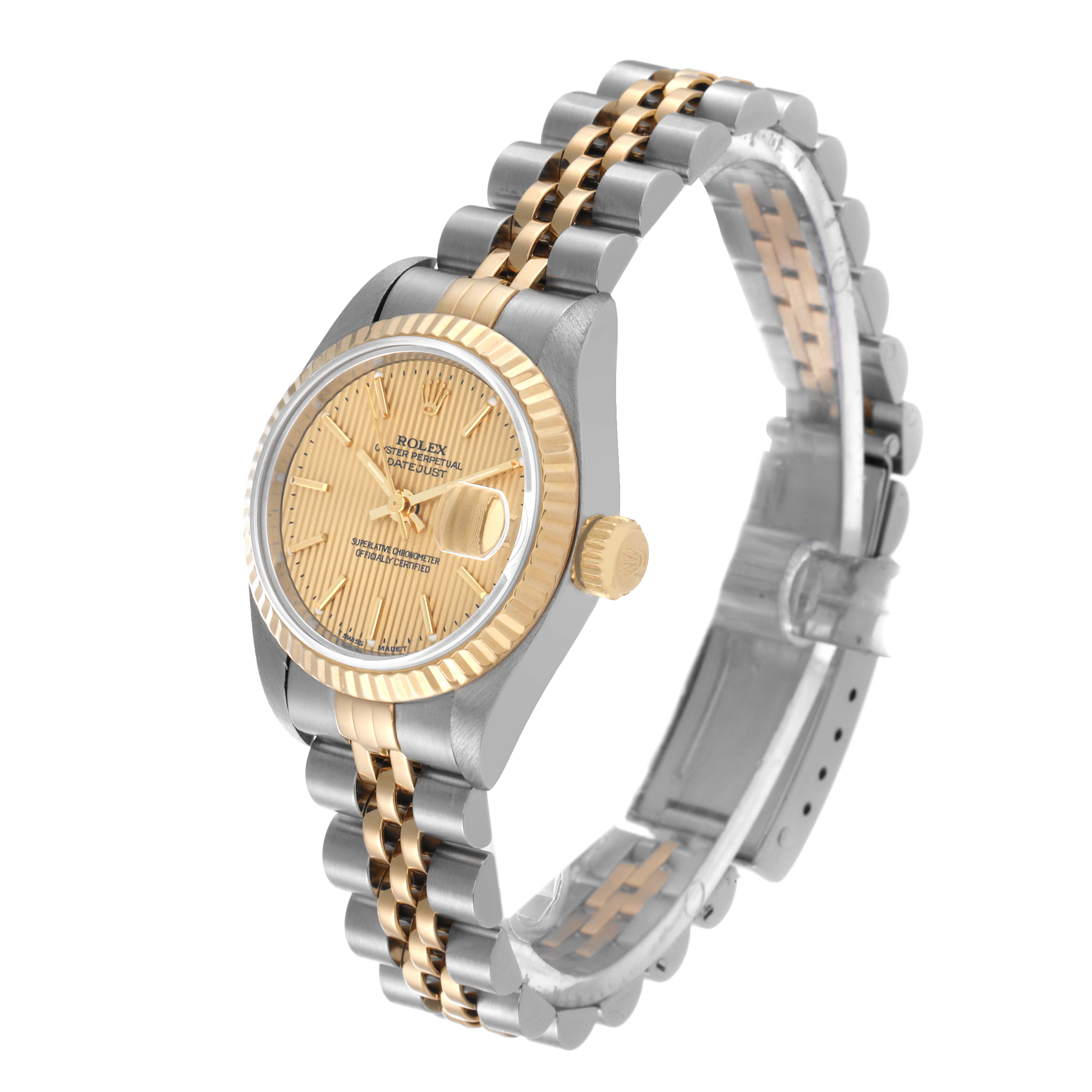 This image shows a Rolex Datejust 69173 Women's Steel and Gold (two tone) Champagne Dial 69173 Women's Steel and Gold (two tone) Champagne Dial watch at a slight angle, displaying its gold dial, fluted bezel, crown, and two-tone bracelet.