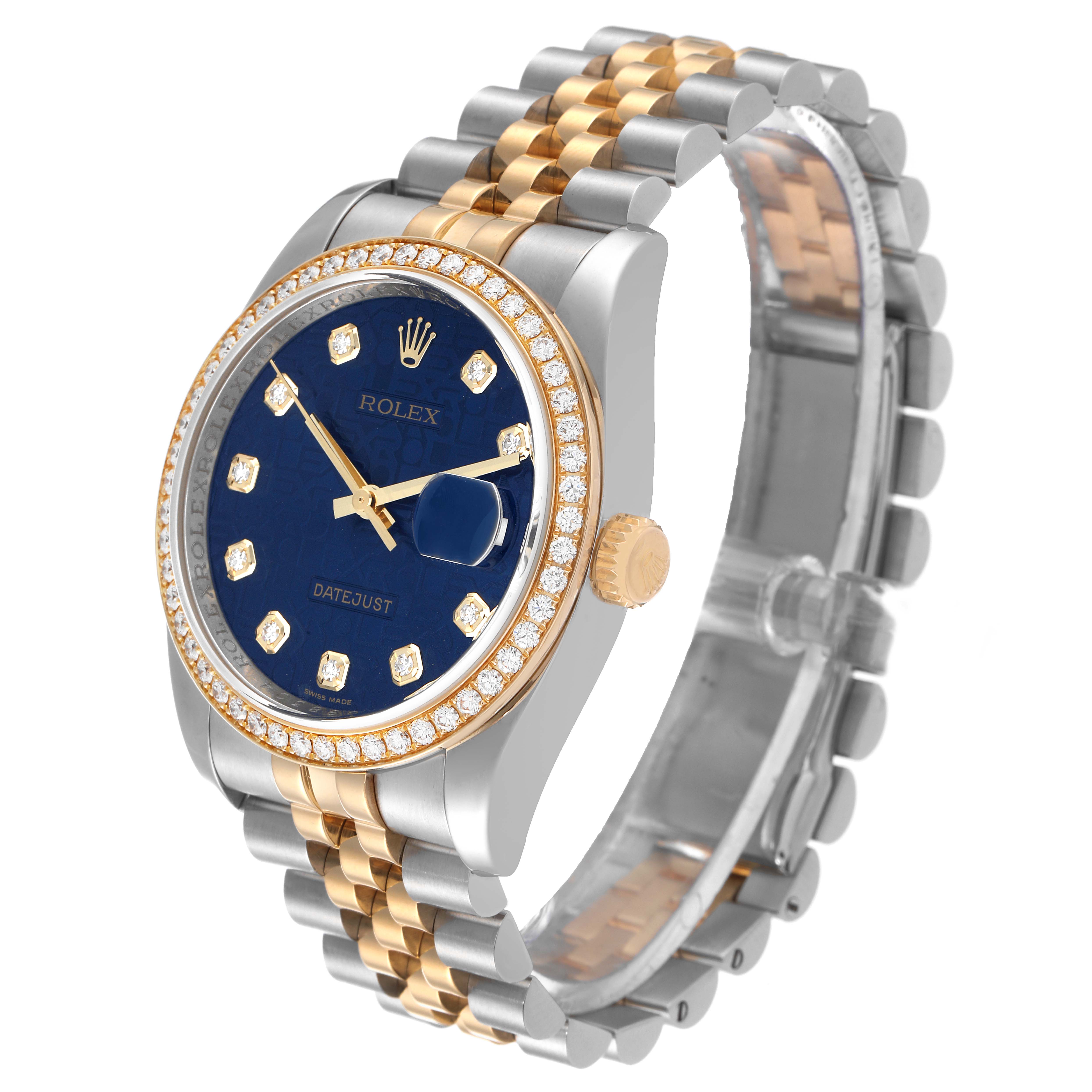 This Rolex Datejust 116243 Men's Steel and Gold (two tone) Blue Dial 116243 Men's Steel and Gold (two tone) Blue Dial watch is shown at an angle highlighting its blue dial, diamond bezel, and two-tone bracelet.