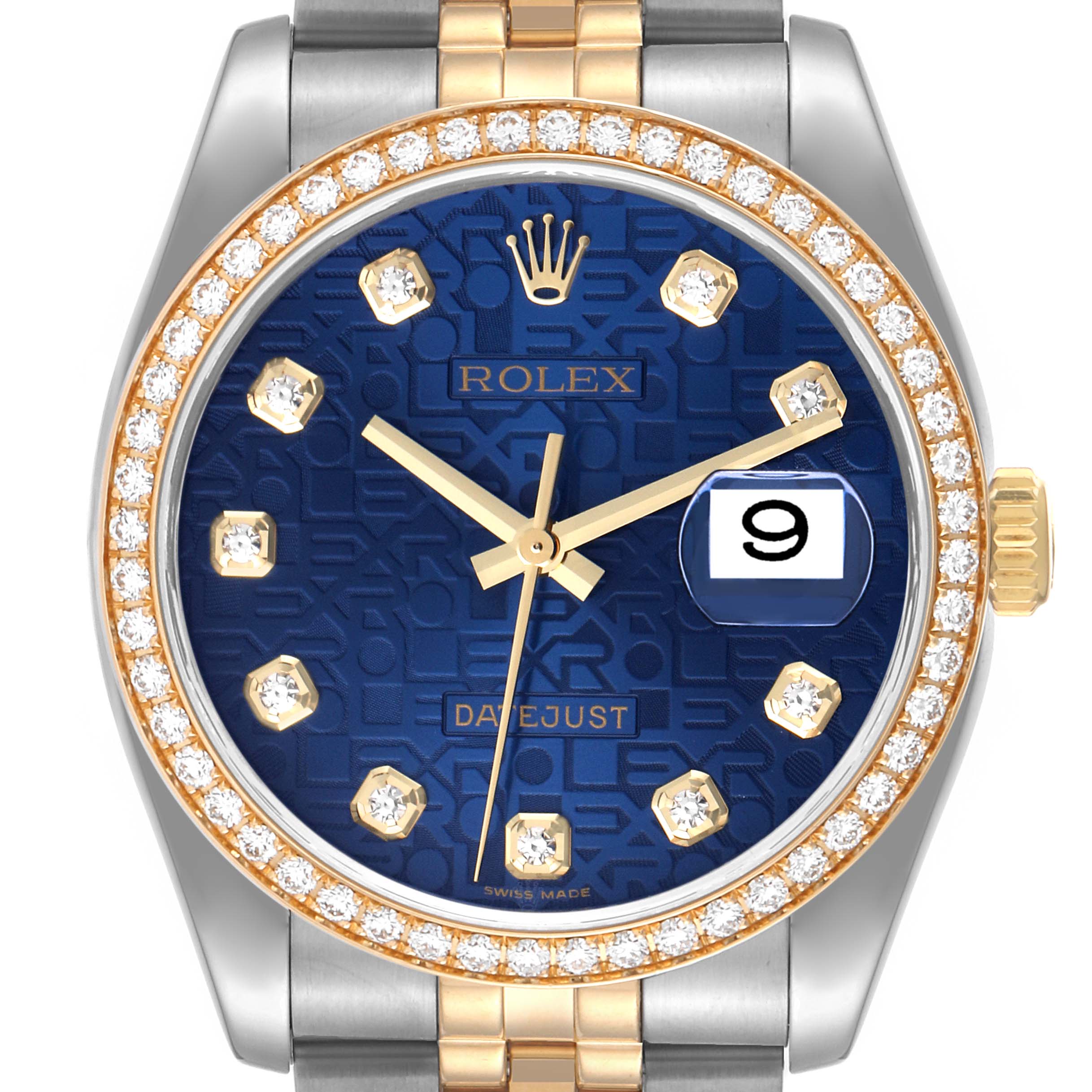 The image shows a front view of a Rolex Datejust 116243 Men's Steel and Gold (two tone) Blue Dial 116243 Men's Steel and Gold (two tone) Blue Dial watch, highlighting the blue dial, diamond bezel, and two-tone metal bracelet.