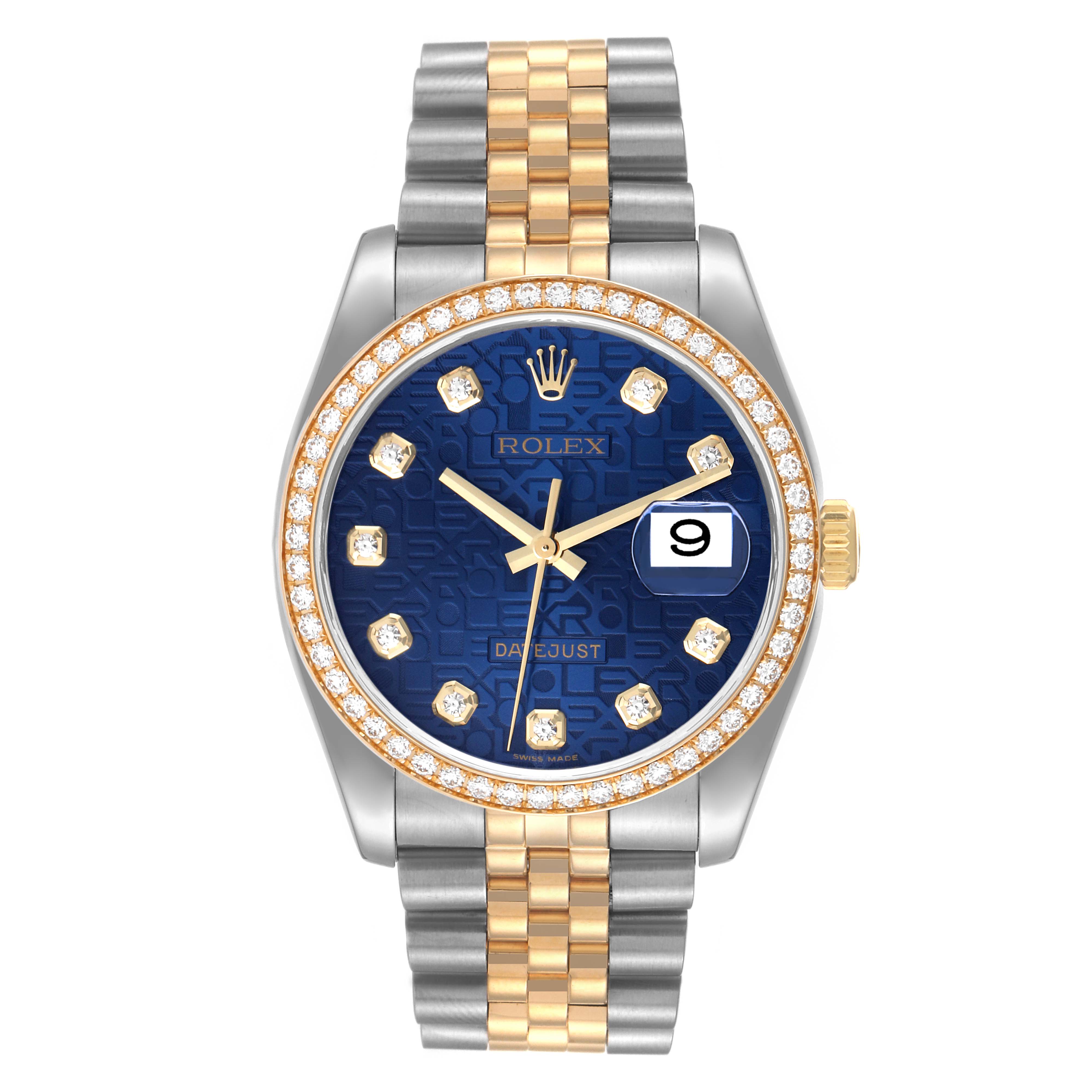 This is a front view of a Rolex Datejust 116243 Men's Steel and Gold (two tone) Blue Dial 116243 Men's Steel and Gold (two tone) Blue Dial watch showing its dial, bezel, crown, and bracelet.