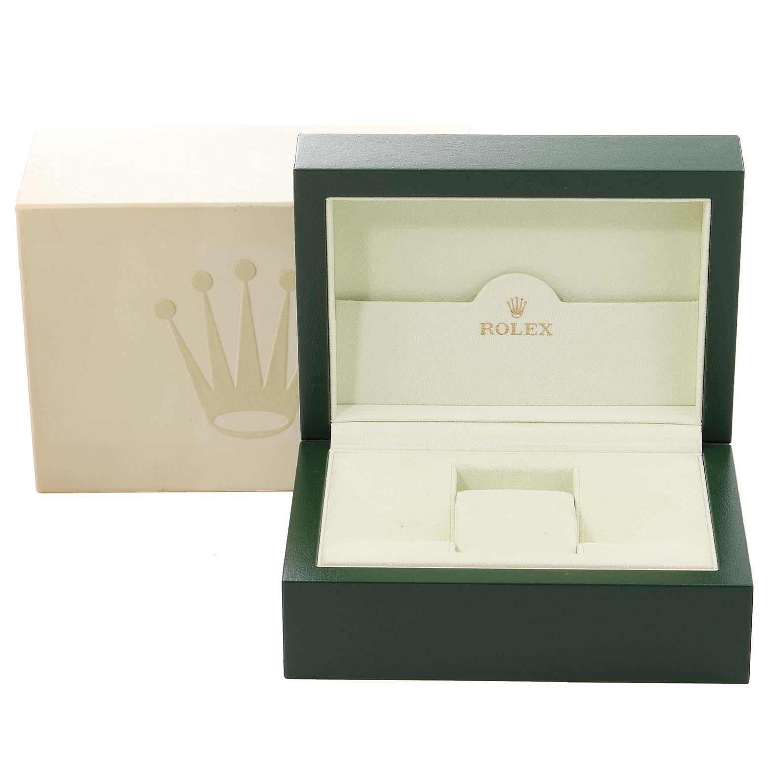 This image shows the open box and outer packaging for a Rolex Datejust 116243 Men's Steel and Gold (two tone) Blue Dial 116243 Men's Steel and Gold (two tone) Blue Dial watch, including the logo-embossed interior.