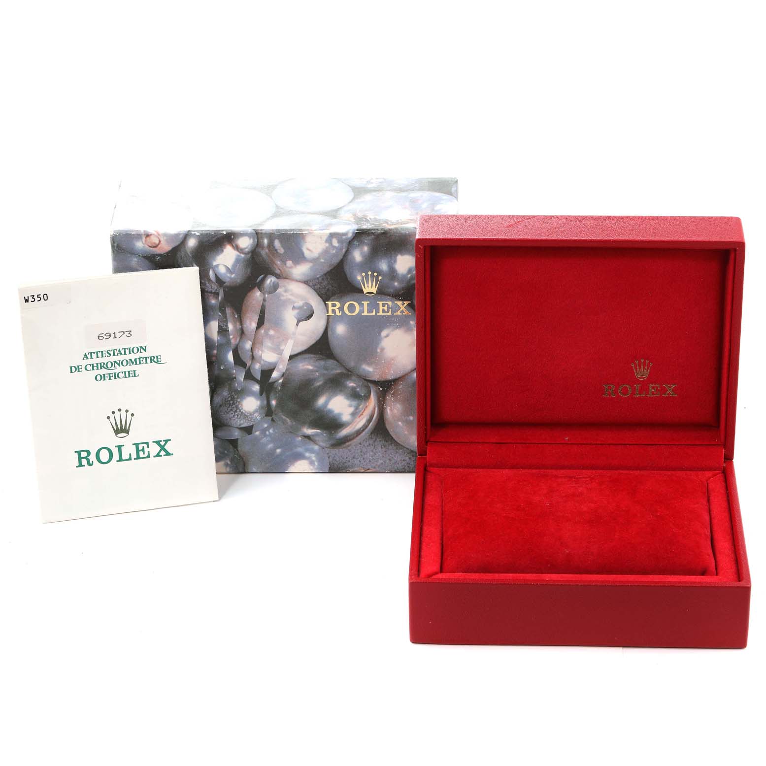 The image shows a Rolex Datejust 69173 Women's Steel and Gold (two tone) Champagne Dial 69173 Women's Steel and Gold (two tone) Champagne Dial box set with an instruction manual and a red watch box.