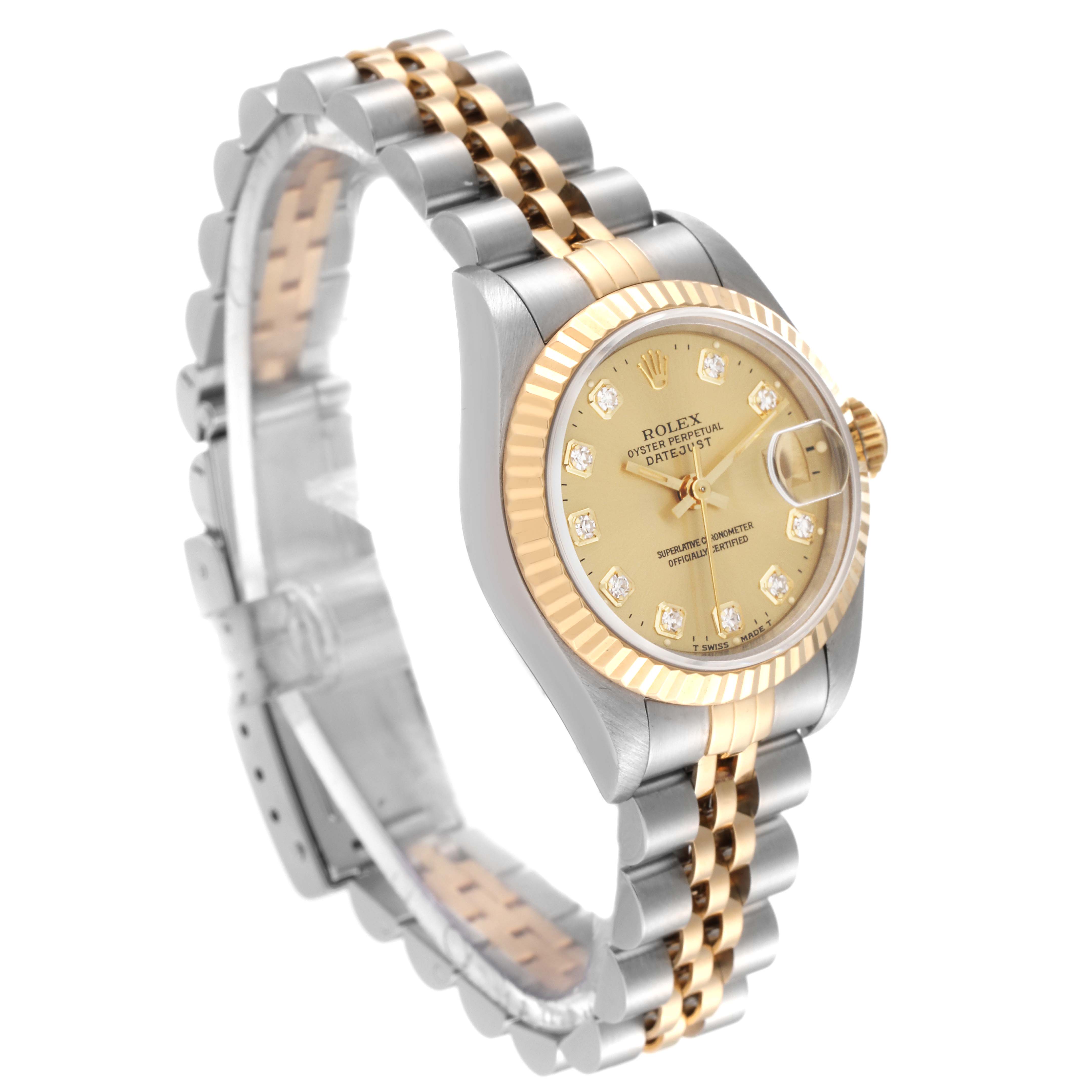 The Rolex Datejust 69173 Women's Steel and Gold (two tone) Champagne Dial 69173 Women's Steel and Gold (two tone) Champagne Dial watch is shown at a slight front-left angle, highlighting its two-tone bracelet, bezel, and dial.