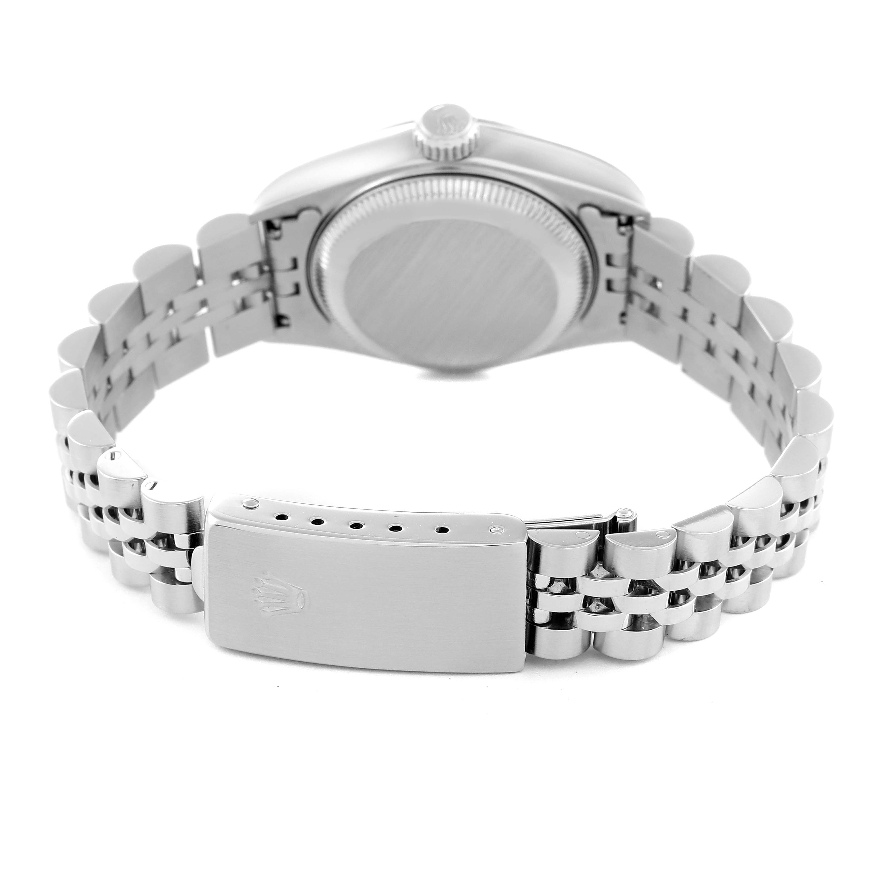 The image shows the back and bracelet of a Rolex Datejust 69173 Women's Steel and Gold (two tone) Champagne Dial 69173 Women's Steel and Gold (two tone) Champagne Dial model watch, emphasizing the clasp and case back.