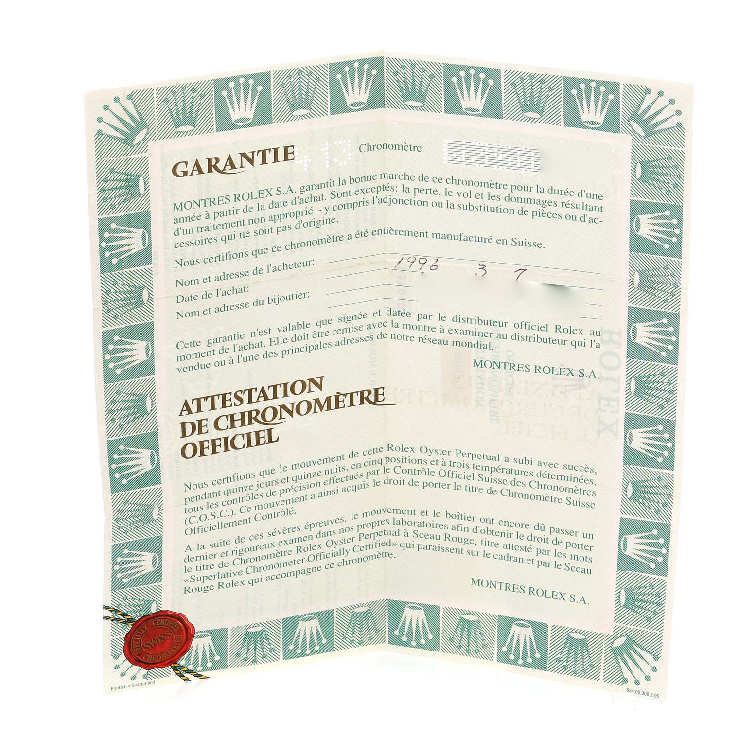 This image shows an unfolded warranty card and chronometer certification for a Rolex Datejust 69173 Women's Steel and Gold (two tone) Champagne Dial 69173 Women's Steel and Gold (two tone) Champagne Dial watch.