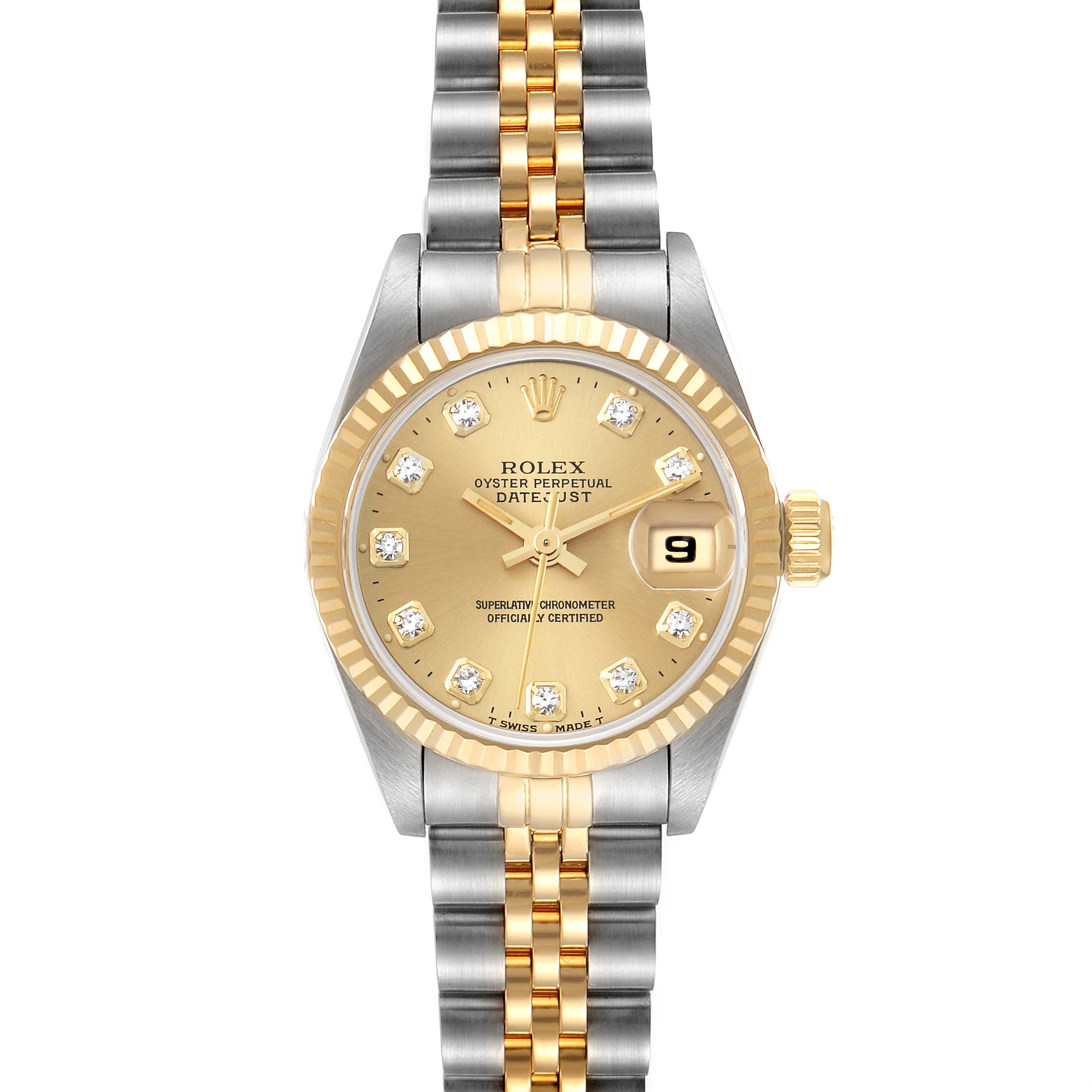 A front-angle view of a Rolex Datejust 69173 Women's Steel and Gold (two tone) Champagne Dial 69173 Women's Steel and Gold (two tone) Champagne Dial watch showcasing its two-tone bracelet, gold dial, date window, and fluted bezel.