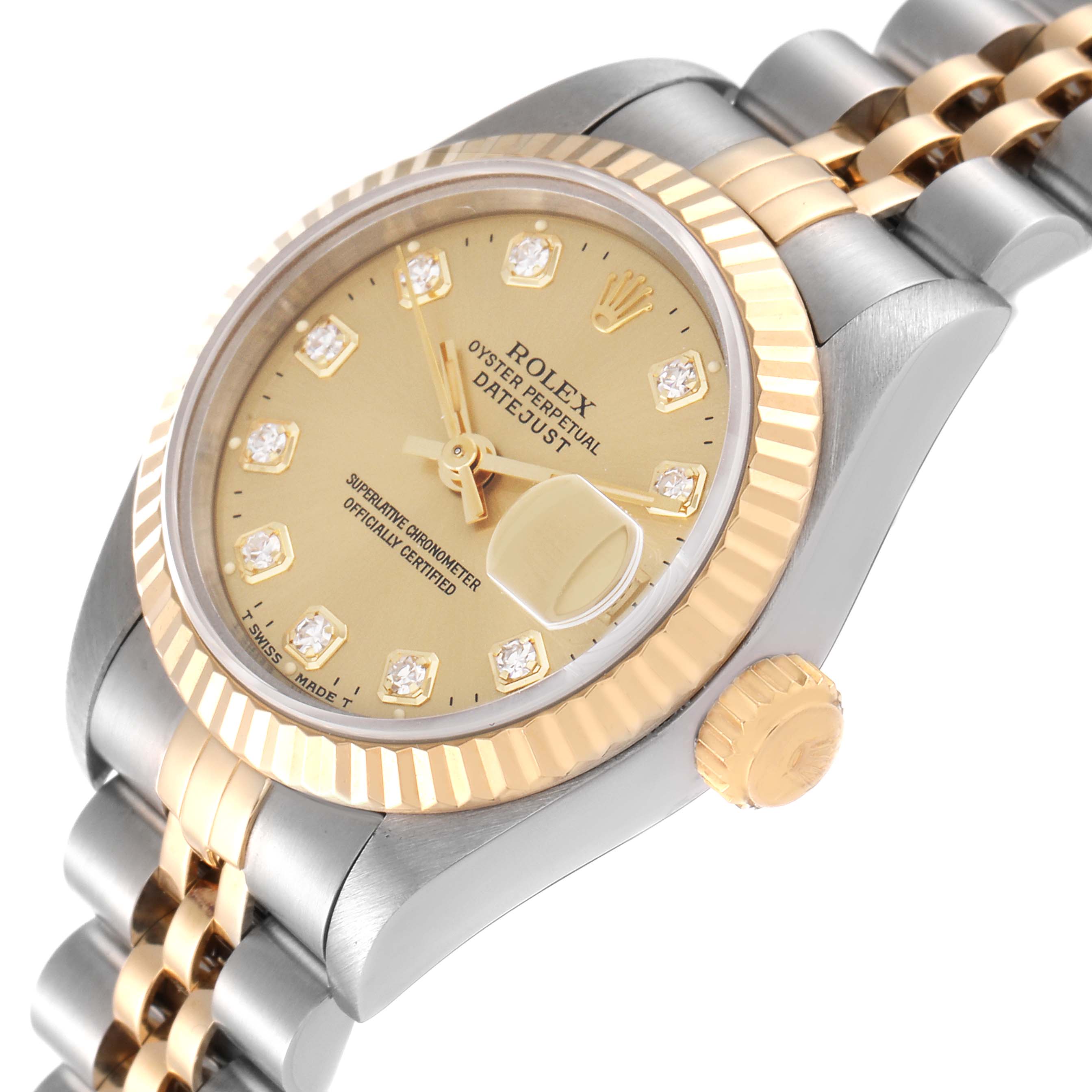The Rolex Datejust 69173 Women's Steel and Gold (two tone) Champagne Dial 69173 Women's Steel and Gold (two tone) Champagne Dial watch is shown at a slight angle, displaying the dial, bezel, and a portion of the bracelet.