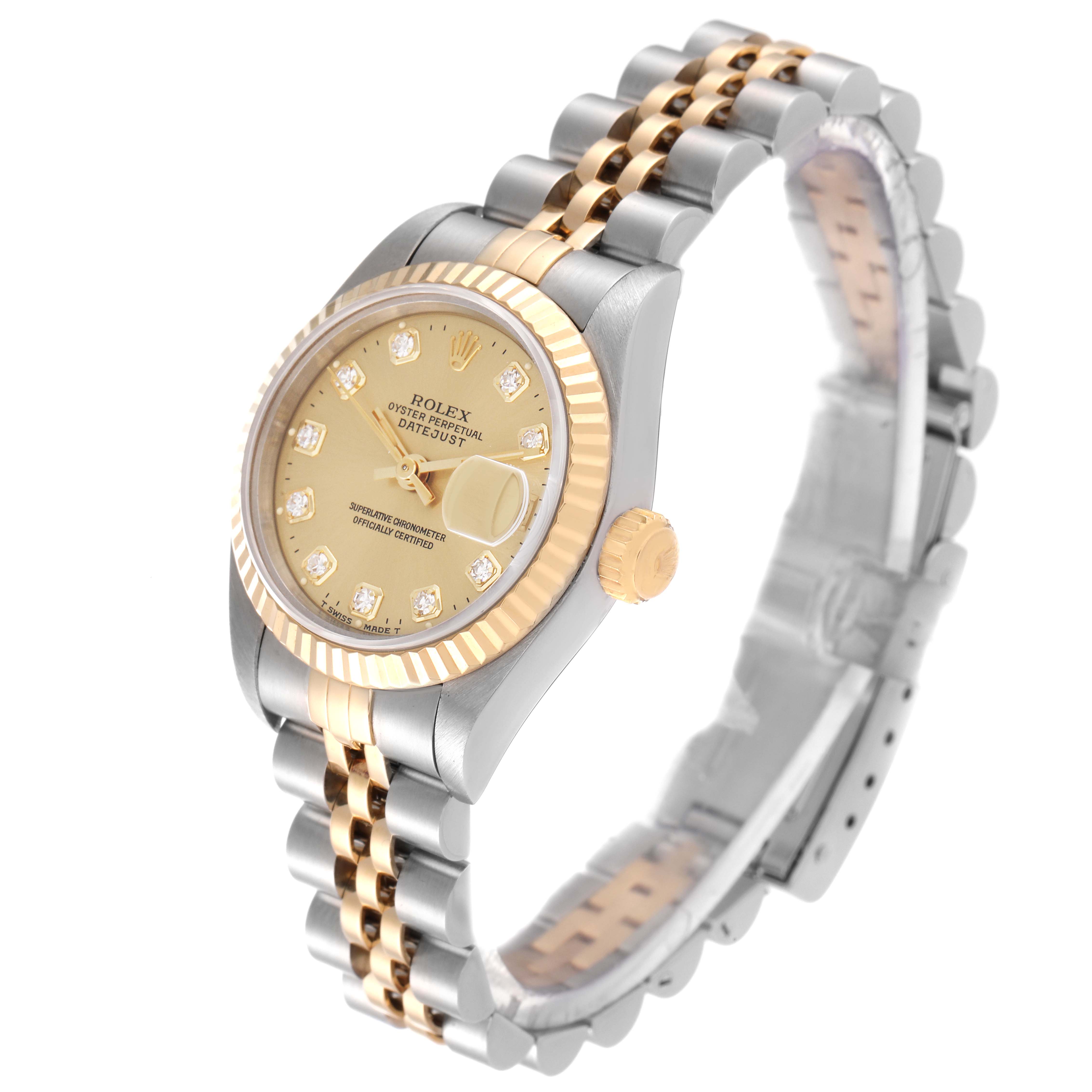 The image shows a side-angle view of a Rolex Datejust 69173 Women's Steel and Gold (two tone) Champagne Dial 69173 Women's Steel and Gold (two tone) Champagne Dial watch, highlighting its gold bezel, crown, and two-tone bracelet.