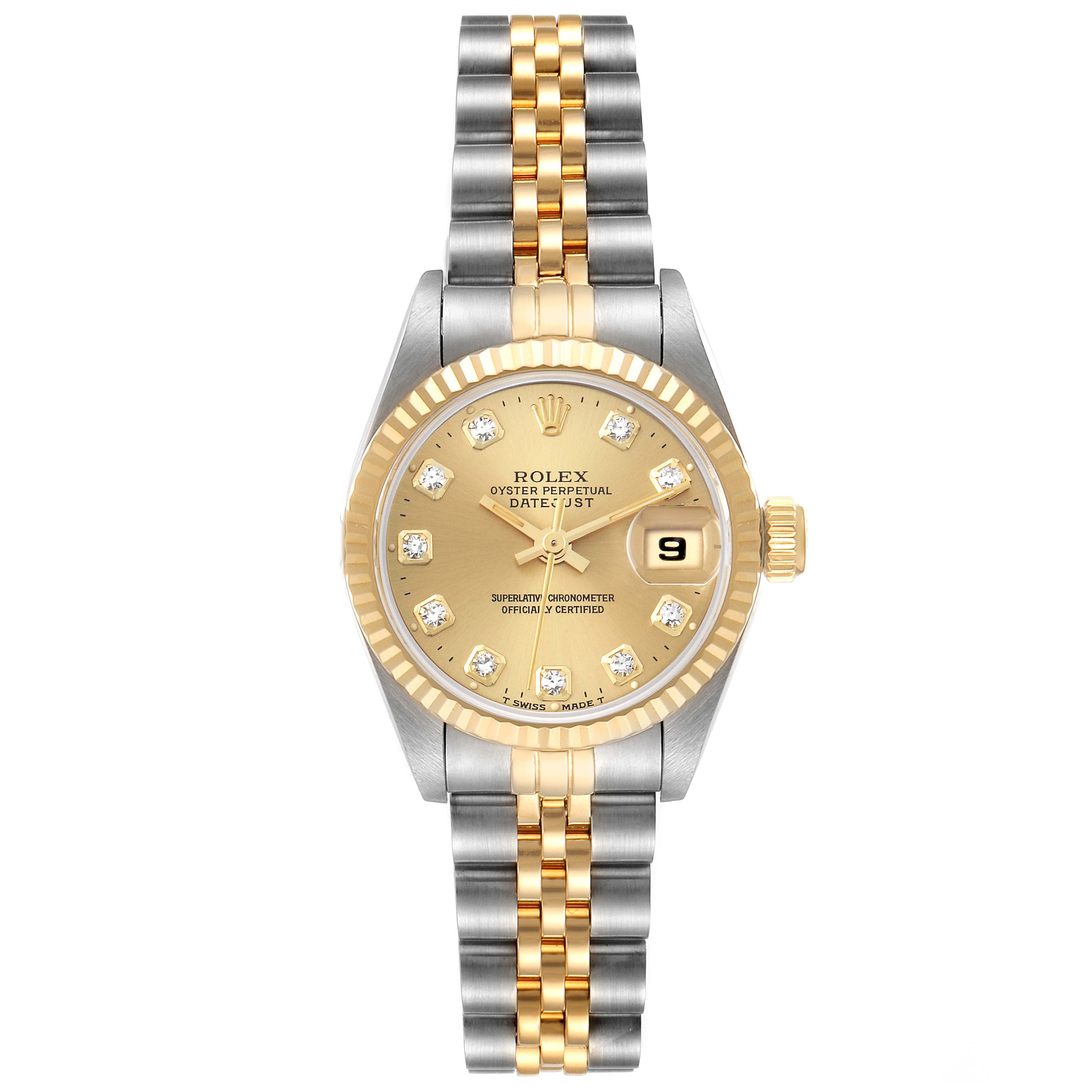 The image shows a Rolex Datejust 69173 Women's Steel and Gold (two tone) Champagne Dial 69173 Women's Steel and Gold (two tone) Champagne Dial watch from a top view, highlighting its face, bezel, and two-tone bracelet.