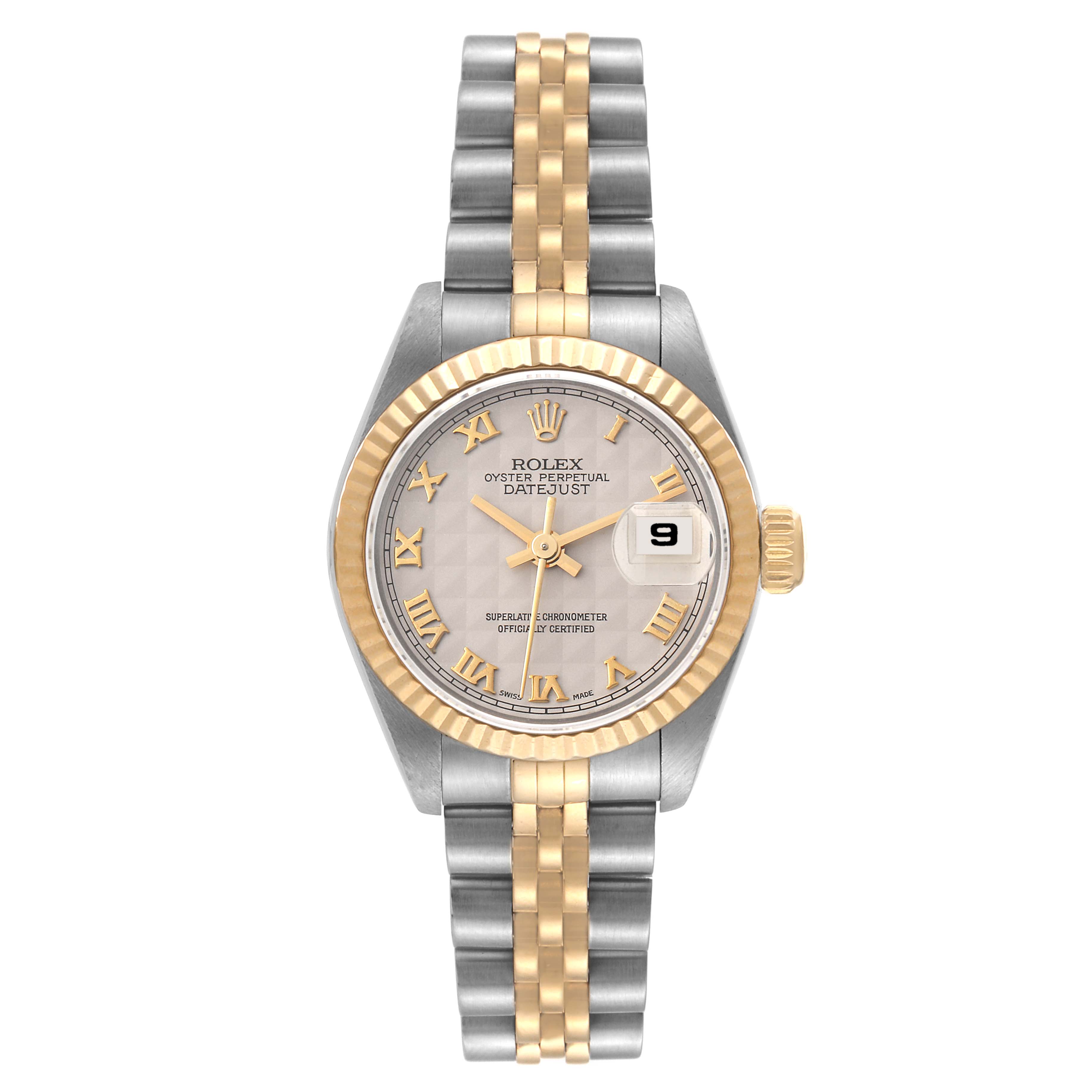The Rolex Datejust 69173 Women's Steel and Gold (two tone) Beige Dial 69173 Women's Steel and Gold (two tone) Beige Dial watch is shown from the front, displaying its face, bezel, crown, and bracelet.