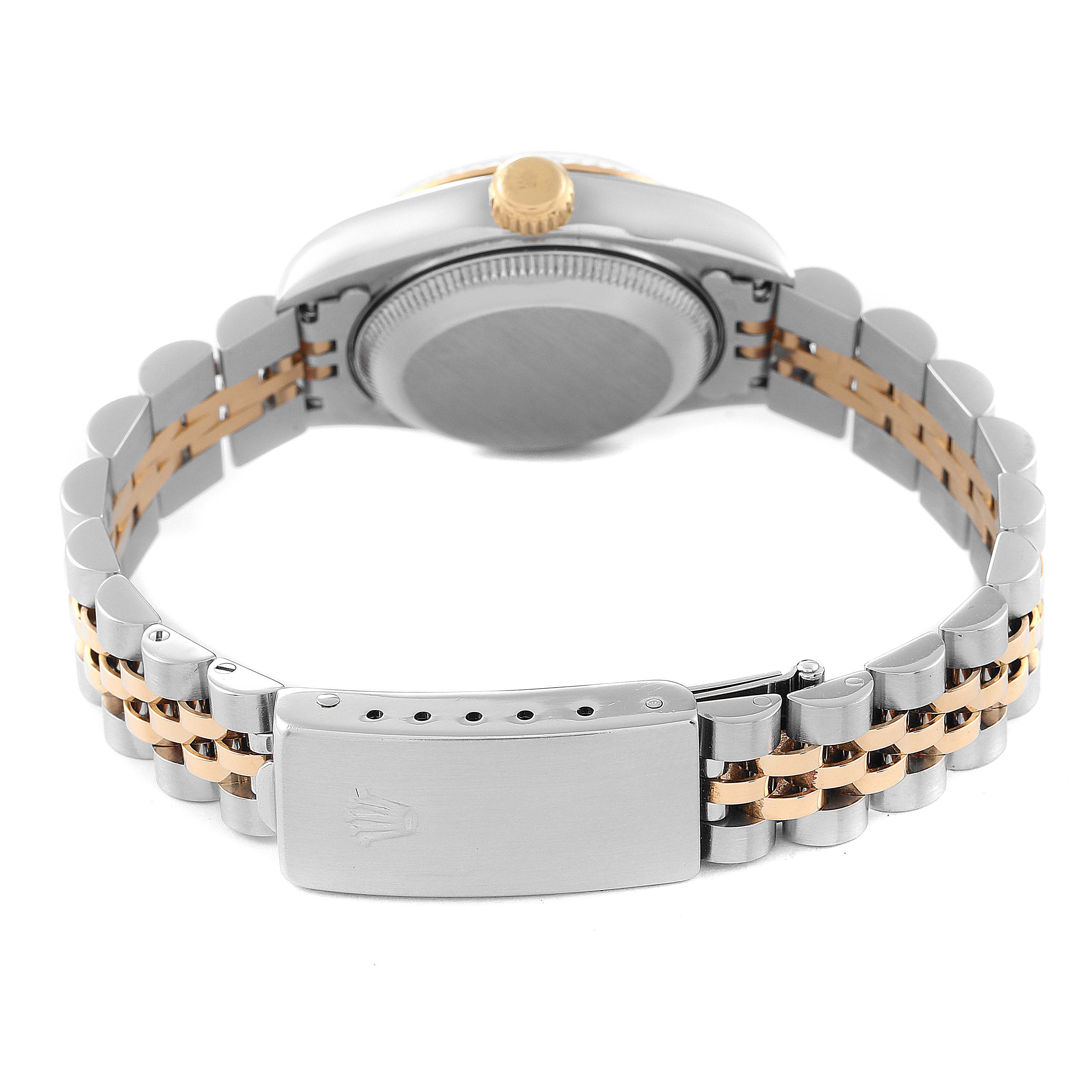 The image shows the back view of a Rolex Datejust 69173 Women's Steel and Gold (two tone) Beige Dial 69173 Women's Steel and Gold (two tone) Beige Dial watch, highlighting the bracelet, clasp, and case back.