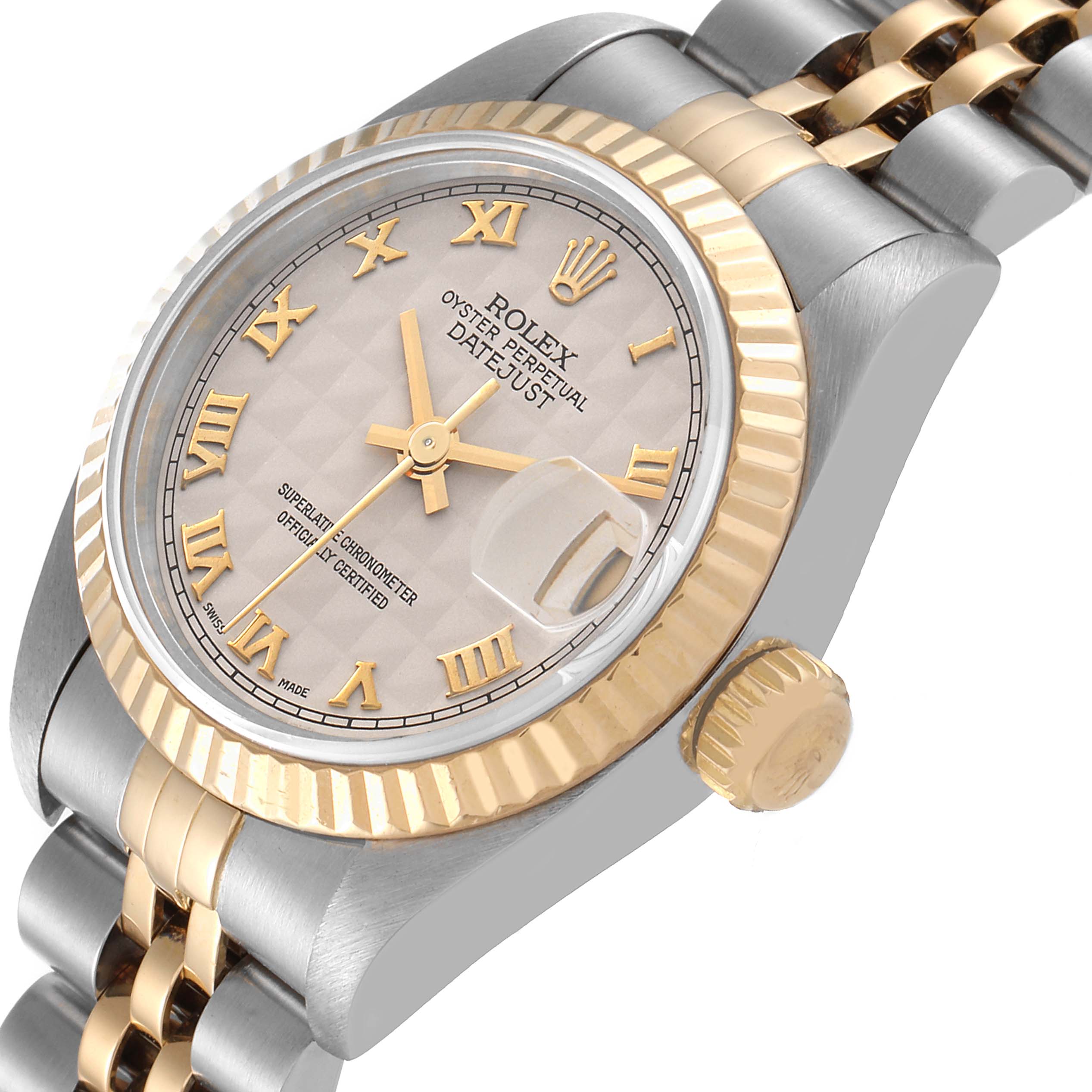 This image shows a close-up angled view of the Rolex Datejust 69173 Women's Steel and Gold (two tone) Beige Dial 69173 Women's Steel and Gold (two tone) Beige Dial watch, highlighting the dial, bezel, and part of the bracelet.