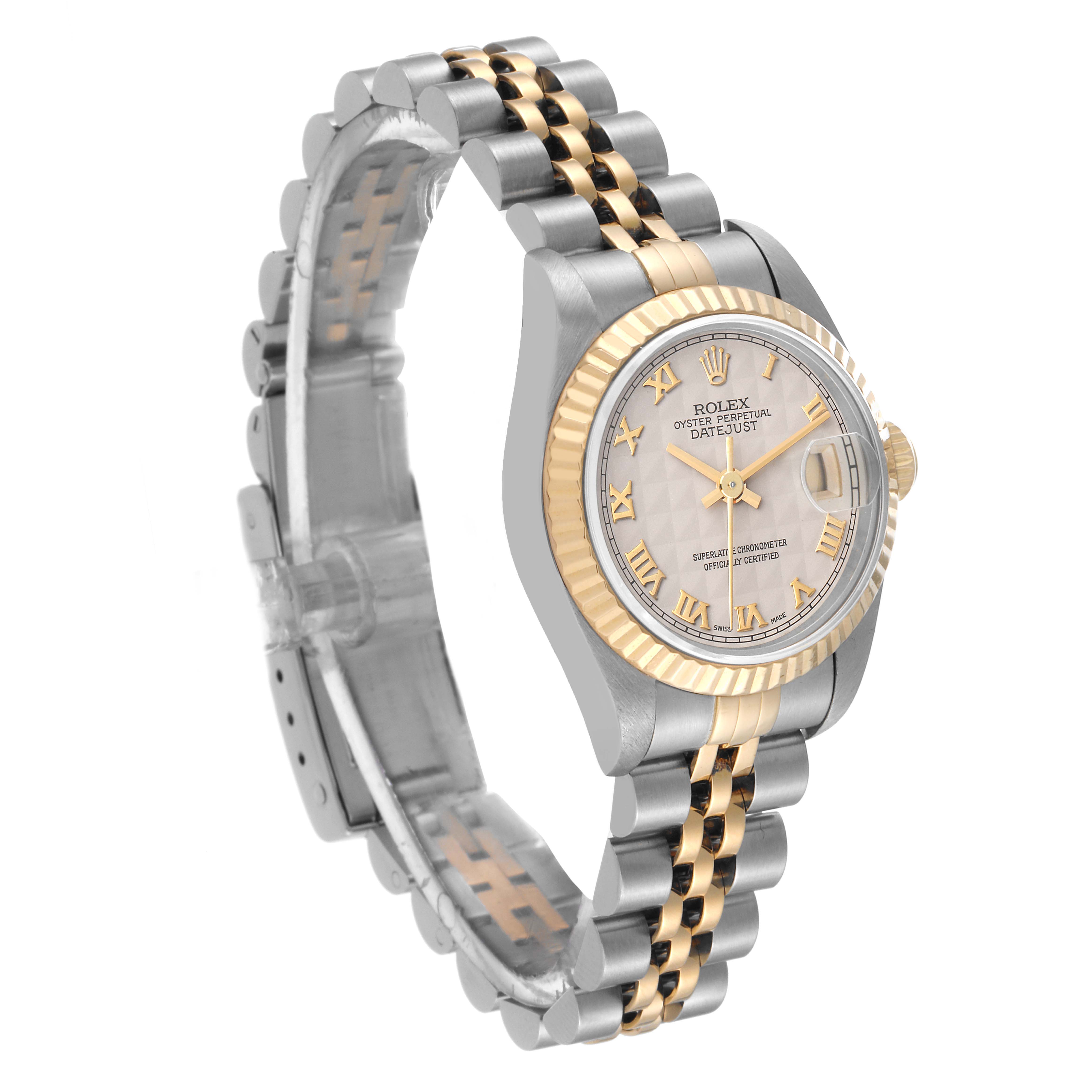 The image shows a side view of a Rolex Datejust 69173 Women's Steel and Gold (two tone) Beige Dial 69173 Women's Steel and Gold (two tone) Beige Dial watch, highlighting its two-tone bracelet and fluted bezel.