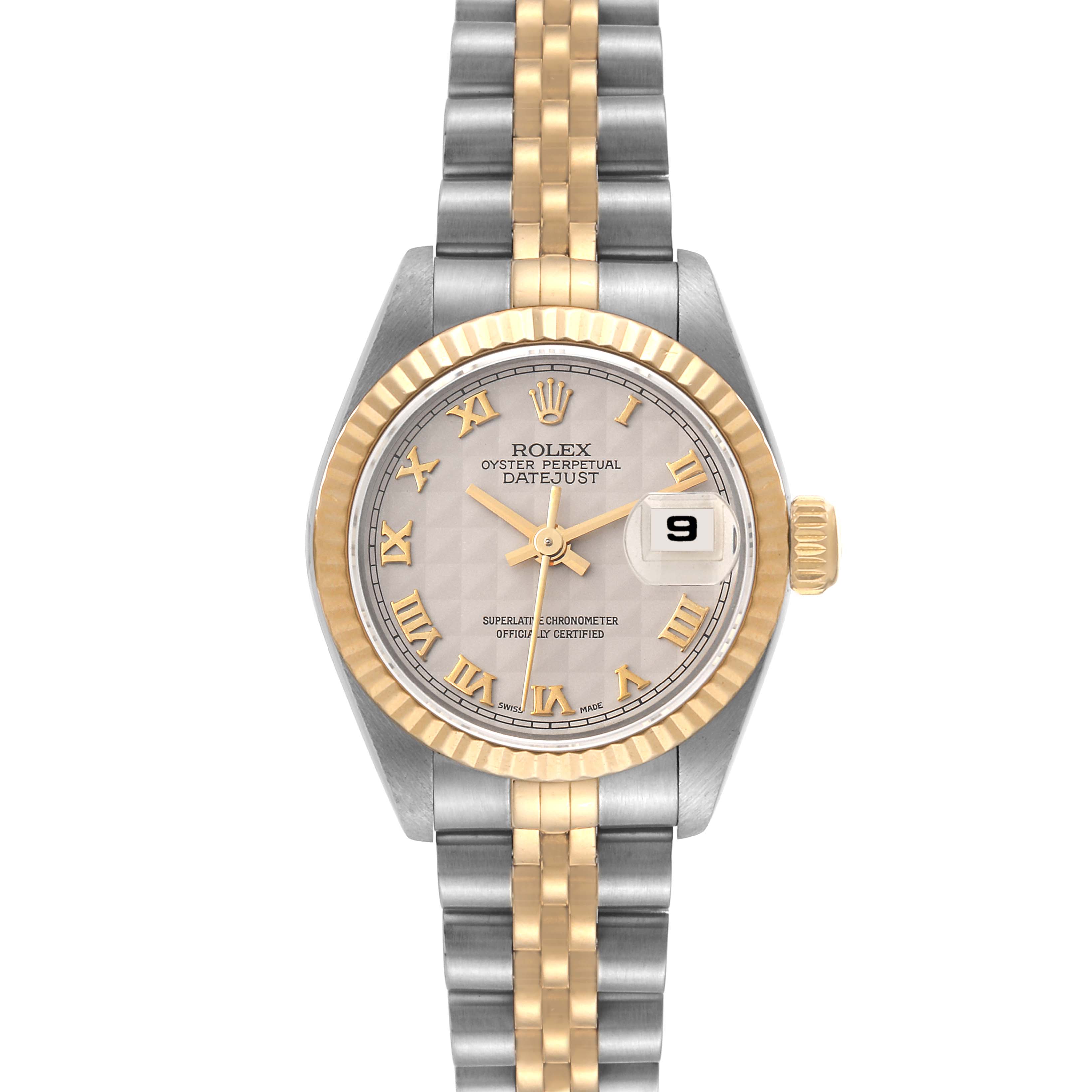 The image shows a front view of a Rolex Datejust 69173 Women's Steel and Gold (two tone) Beige Dial 69173 Women's Steel and Gold (two tone) Beige Dial watch featuring a two-tone bracelet, fluted bezel, and Roman numeral dial with date function.