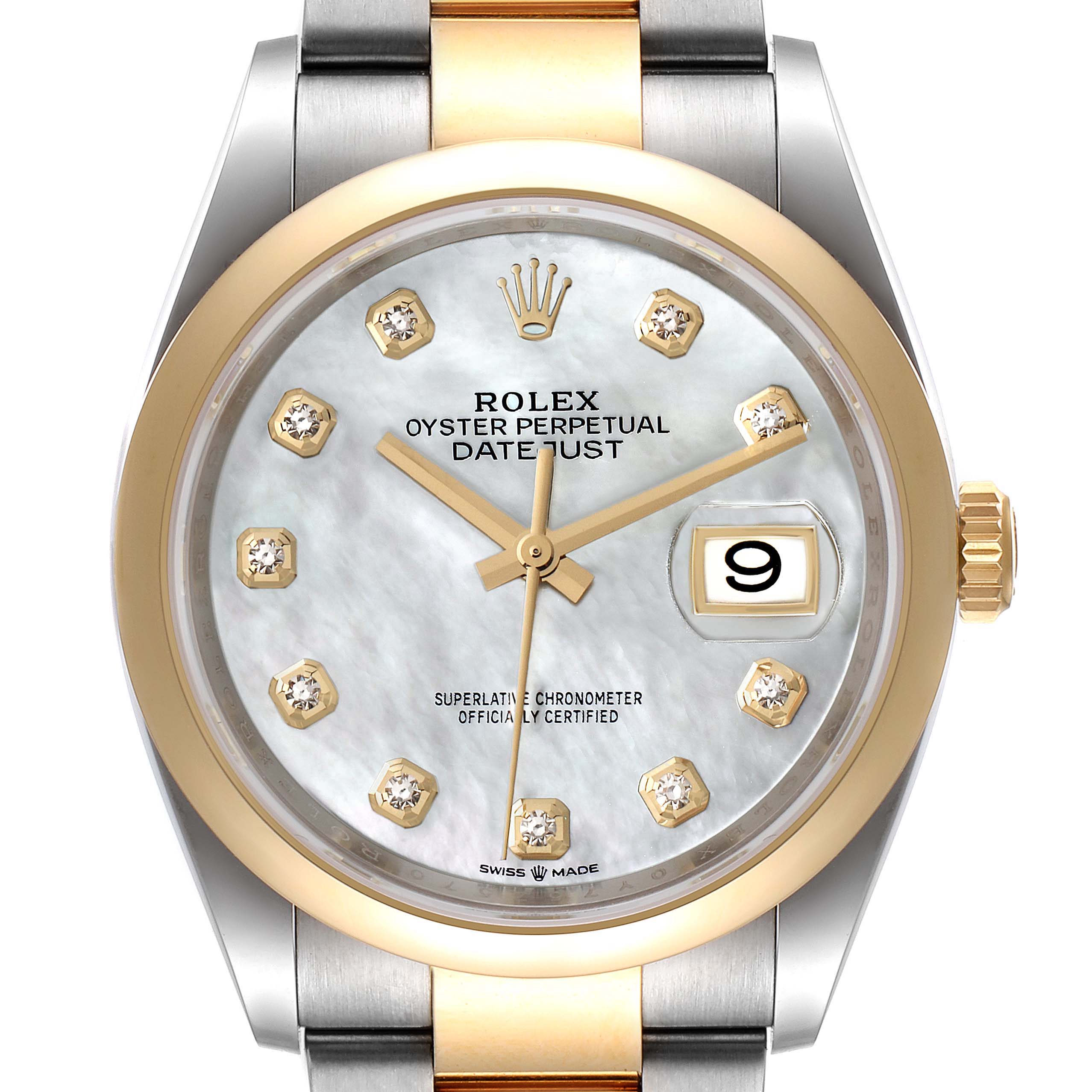 The image shows a front view of the Rolex Datejust 126203 Men's Steel and Gold (two tone) Mother of Pearl Dial 126203 Men's Steel and Gold (two tone) Mother of Pearl Dial watch, highlighting its dial, bezel, hands, markers, crown, and part of the bracelet.