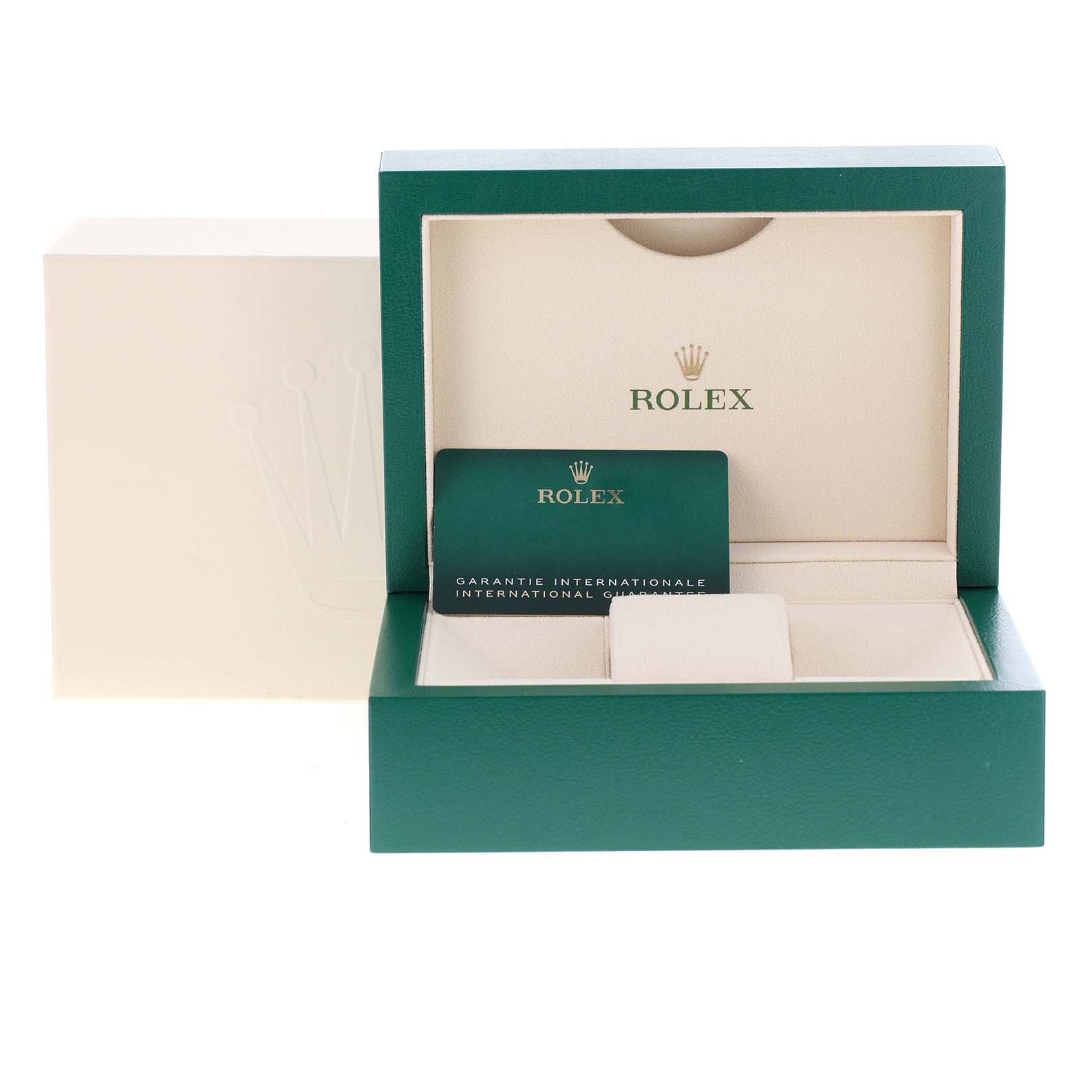 The image shows an open Rolex Datejust 126203 Men's Steel and Gold (two tone) Mother of Pearl Dial 126203 Men's Steel and Gold (two tone) Mother of Pearl Dial watch box with a warranty card inside, viewed from the front.