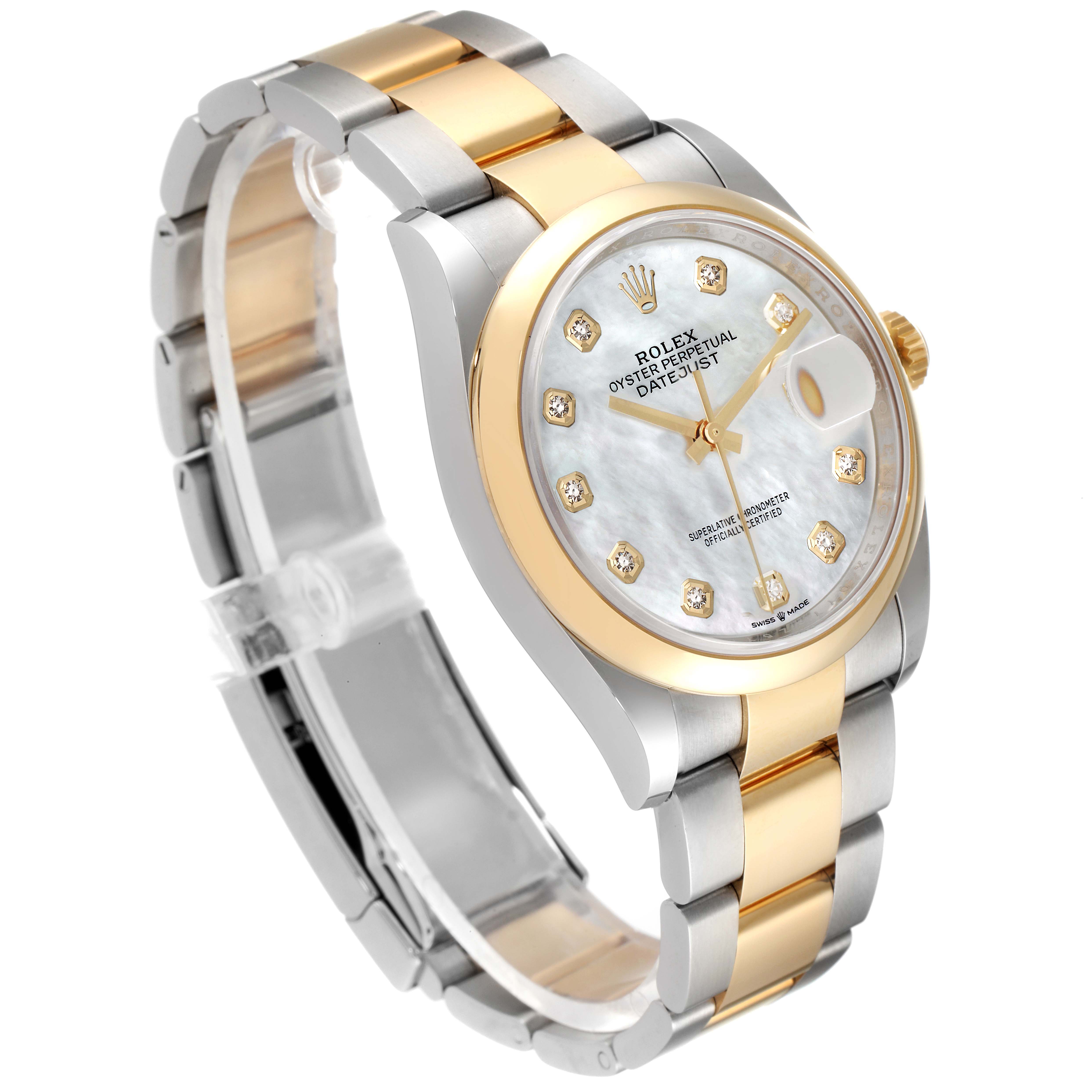 This image shows a Rolex Datejust 126203 Men's Steel and Gold (two tone) Mother of Pearl Dial 126203 Men's Steel and Gold (two tone) Mother of Pearl Dial watch at a three-quarter angle, highlighting its gold and silver bracelet, mother-of-pearl dial, and diamond hour markers.