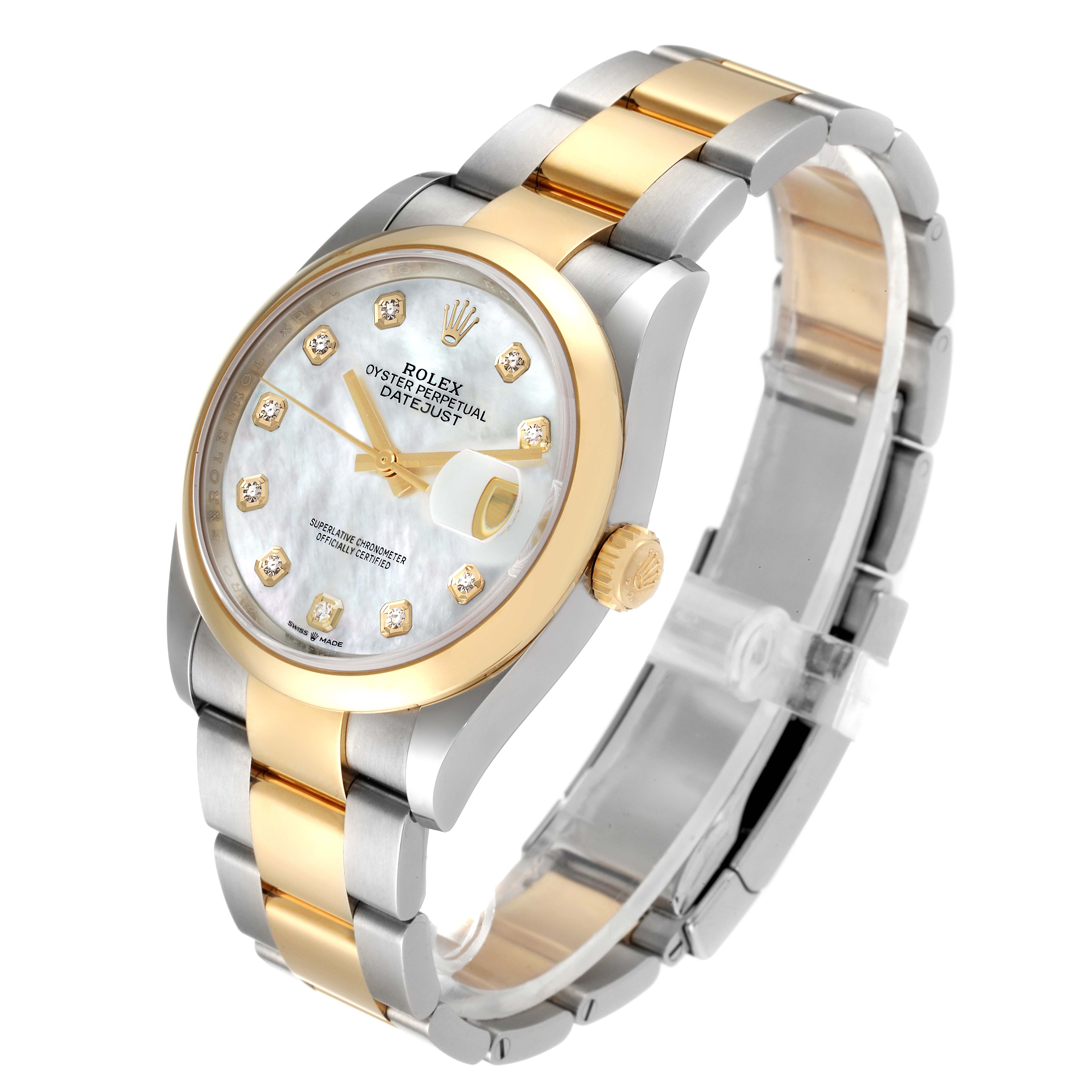 The image shows a Rolex Datejust 126203 Men's Steel and Gold (two tone) Mother of Pearl Dial 126203 Men's Steel and Gold (two tone) Mother of Pearl Dial watch tilted slightly to the right, featuring a gold and silver bracelet, a gold bezel, and a diamond-accented dial.