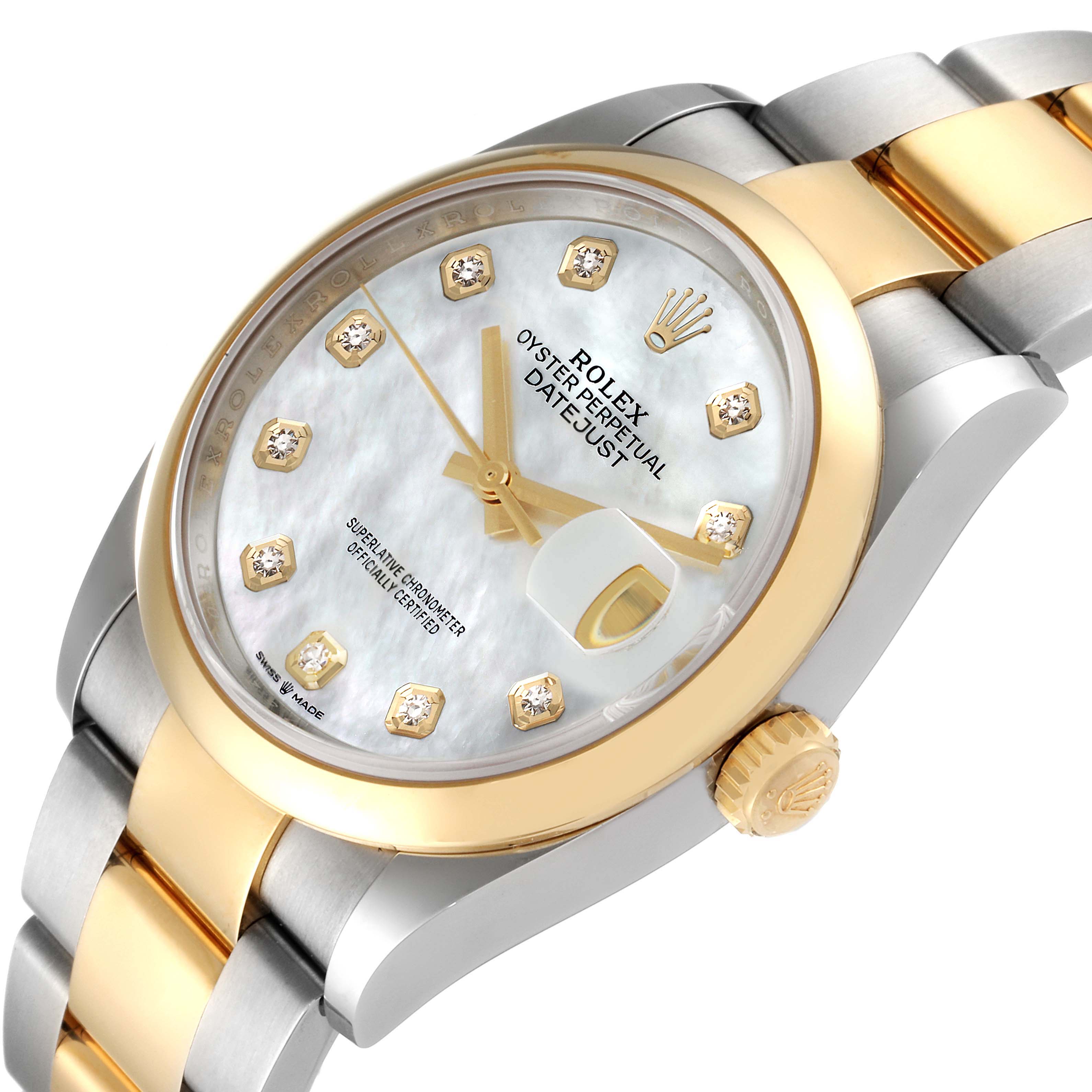 The image shows a close-up, angled view of a Rolex Datejust 126203 Men's Steel and Gold (two tone) Mother of Pearl Dial 126203 Men's Steel and Gold (two tone) Mother of Pearl Dial watch highlighting the face, bezel, and two-tone bracelet.