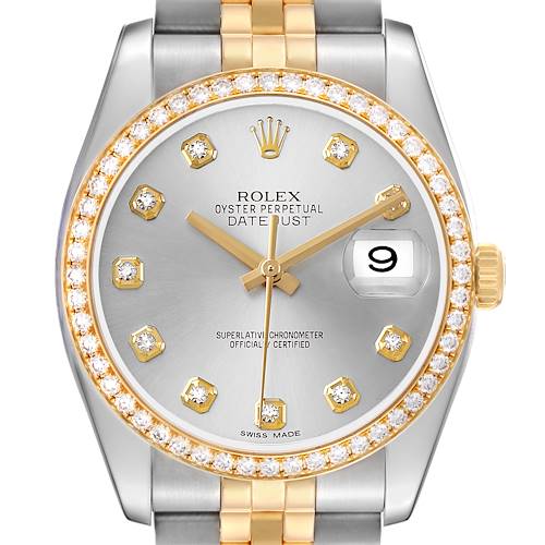 Photo of Rolex Datejust Steel Yellow Gold Silver Dial Diamond Mens Watch 116243