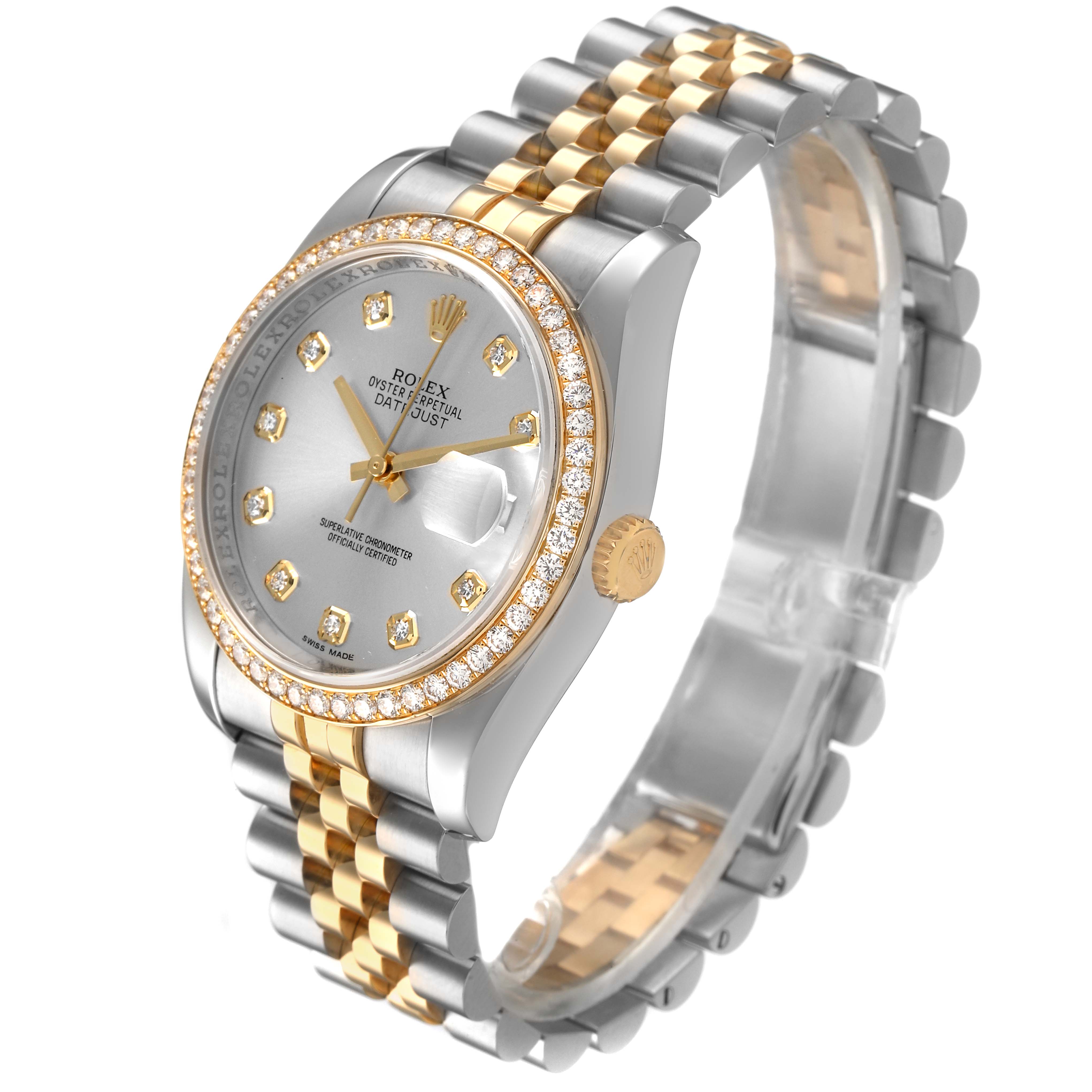 The Rolex Datejust 116243 Men's Steel and Gold (two tone) Silver Dial watch is angled to show its face, bezel, crown, and Jubilee bracelet.