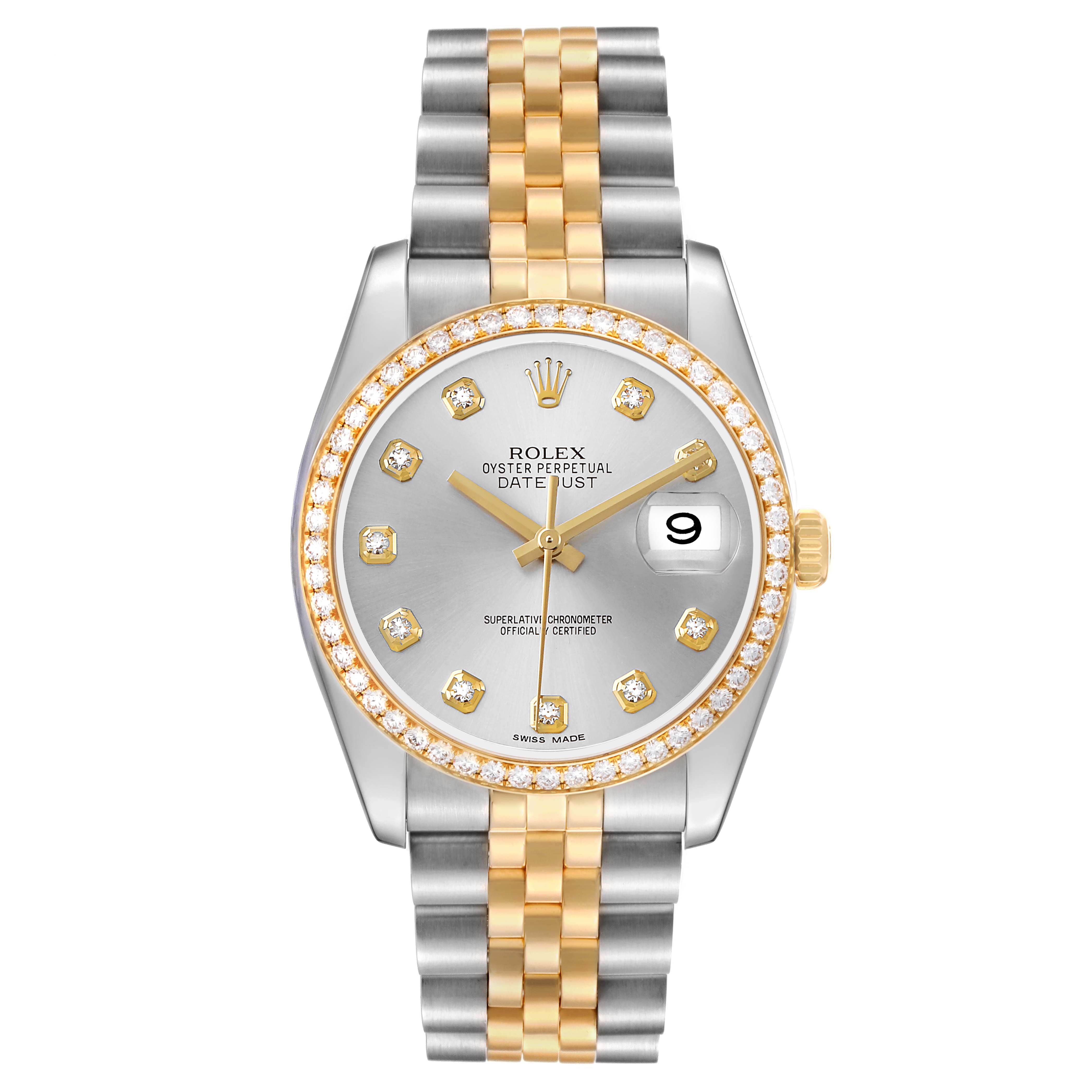 The Rolex Datejust 116243 Men's Steel and Gold (two tone) Silver Dial watch is shown from a top view, highlighting the dial, two-tone bracelet, and diamond-set bezel.