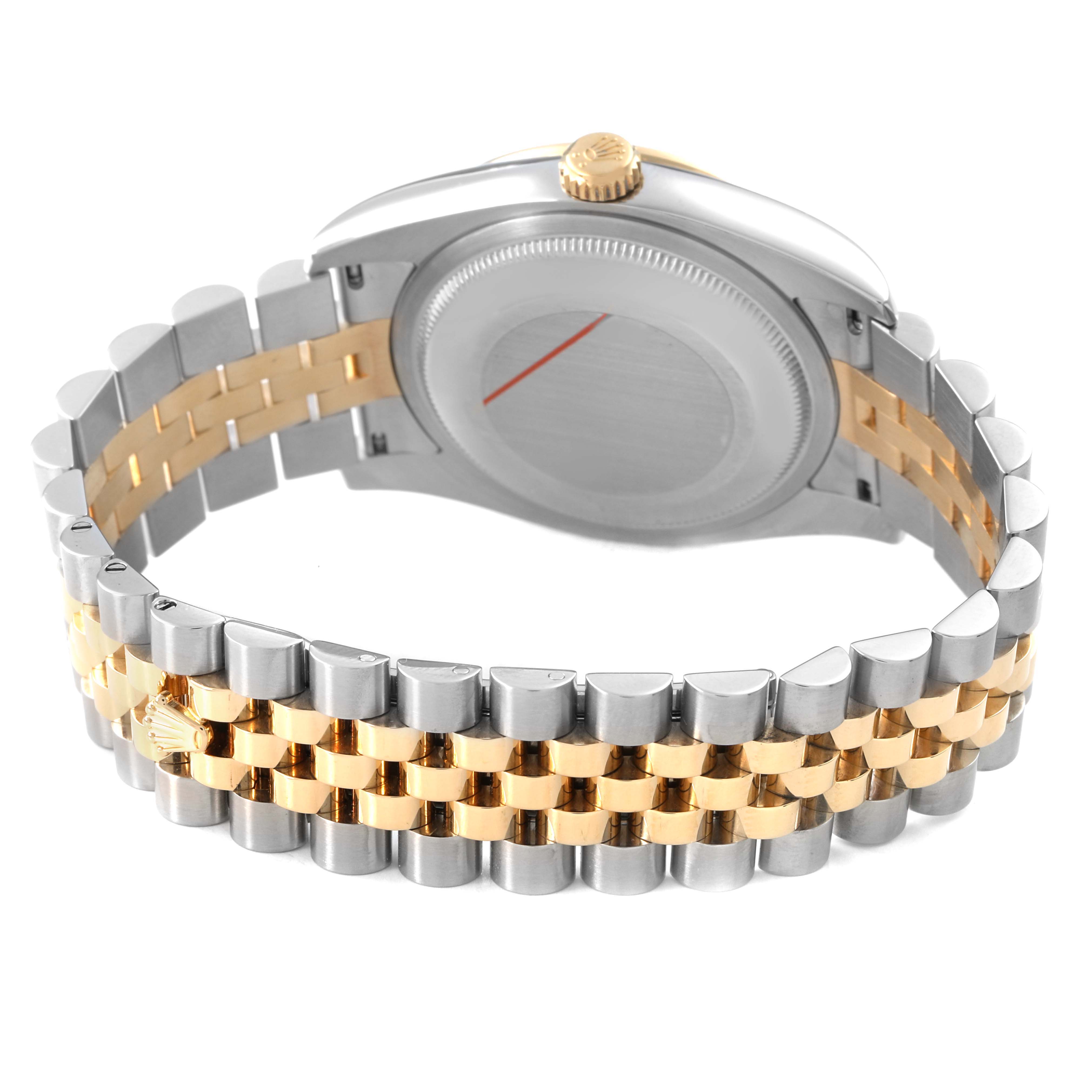 The image shows the back of a Rolex Datejust 116243 Men's Steel and Gold (two tone) Silver Dial with a two-tone Jubilee bracelet and the case back.