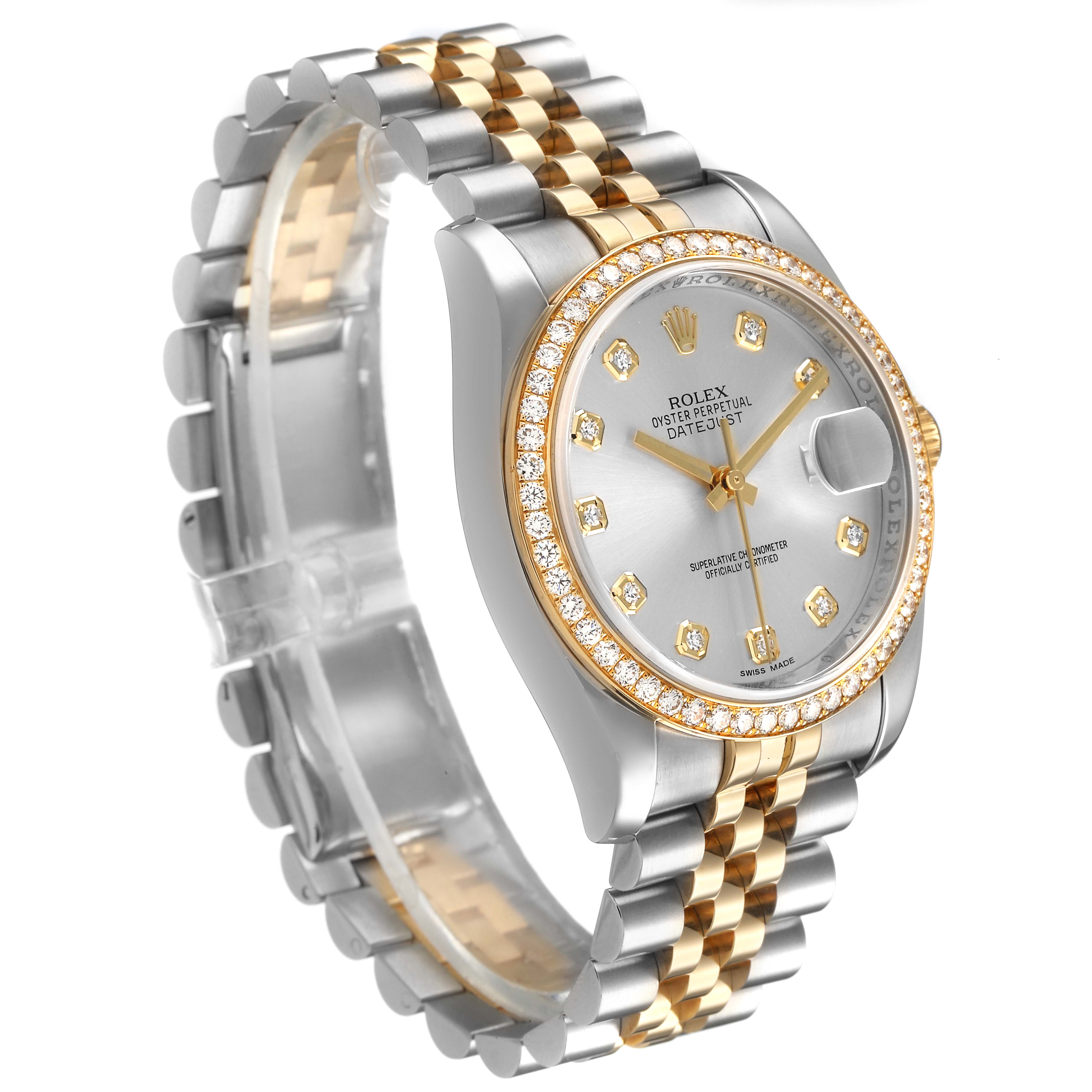 The Rolex Datejust 116243 Men's Steel and Gold (two tone) Silver Dial watch is shown at a three-quarter angle, highlighting its face, bezel, and two-tone bracelet.