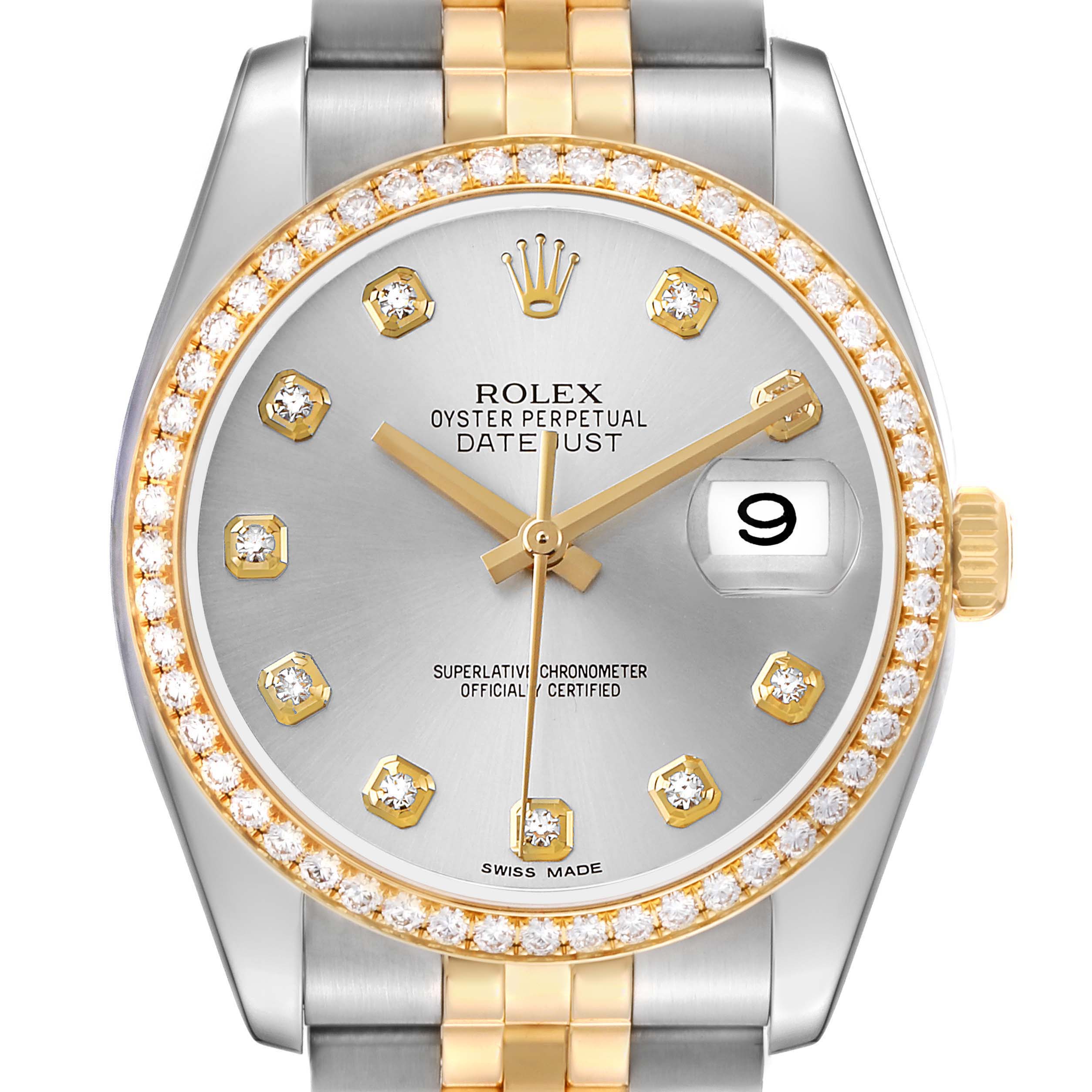The Rolex Datejust 116243 Men's Steel and Gold (two tone) Silver Dial watch is shown from a front angle, highlighting the face, bezel, and part of the bracelet.