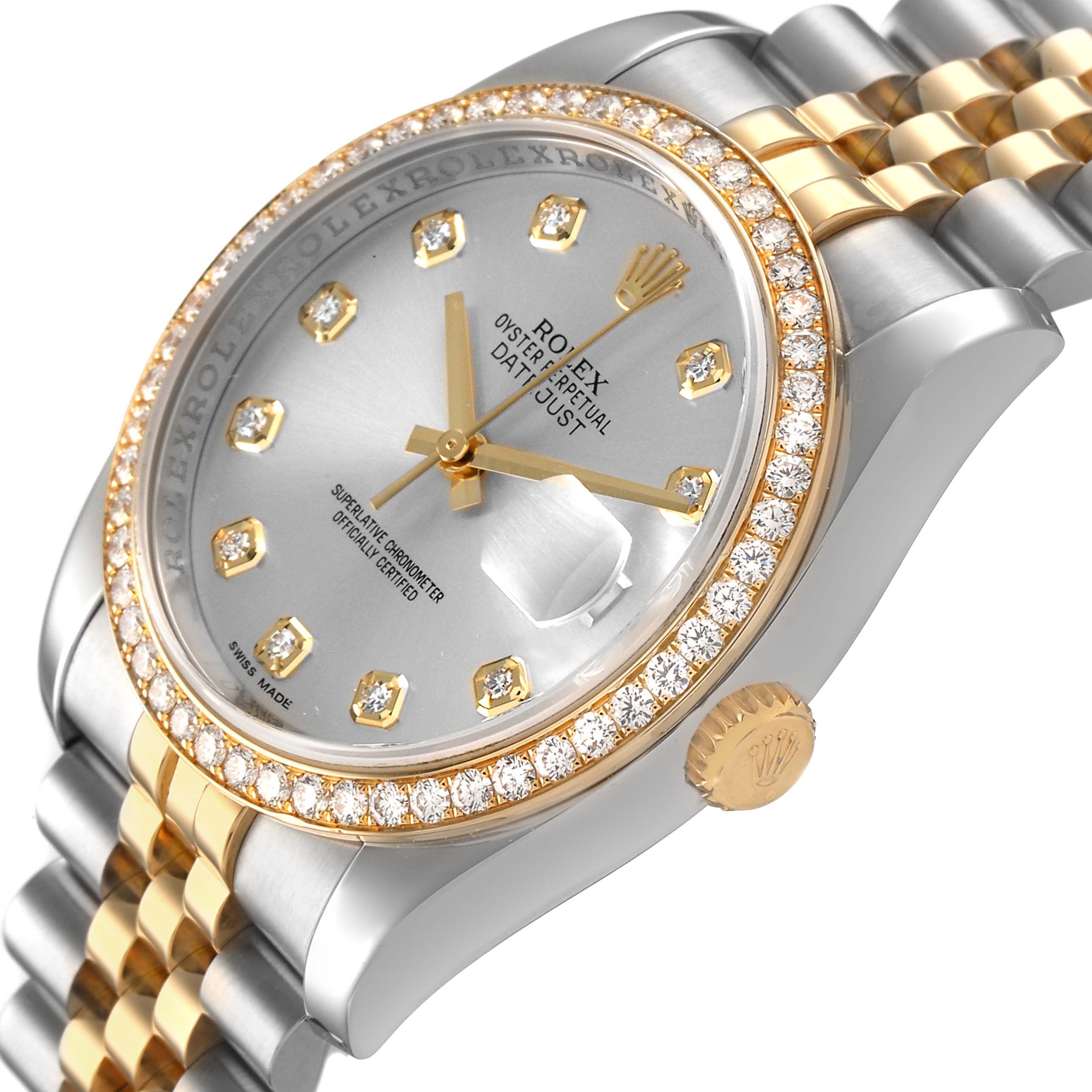 The Rolex Datejust 116243 Men's Steel and Gold (two tone) Silver Dial watch is shown at an angled close-up, highlighting its bezel, face, and bracelet.
