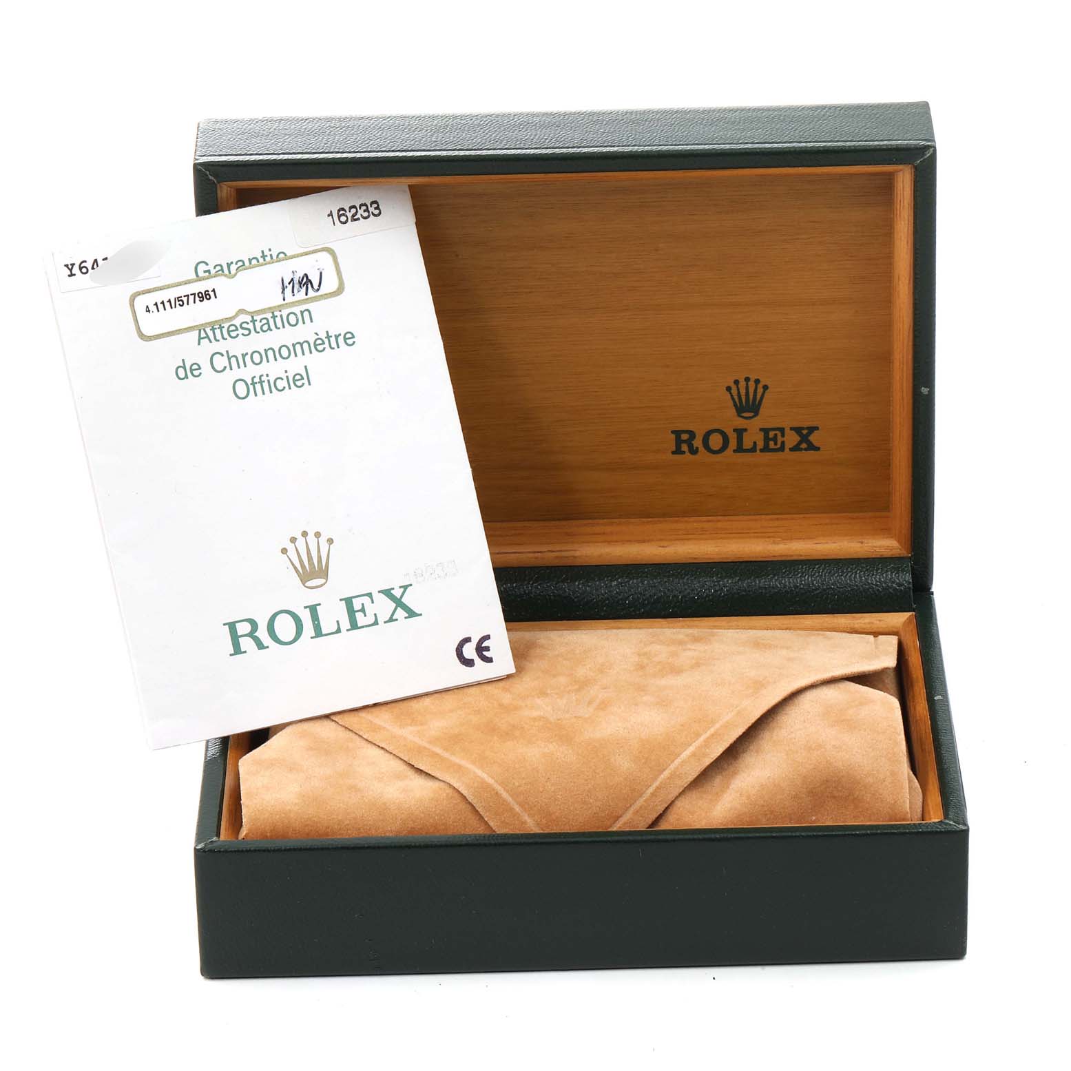 The image shows a Rolex Datejust 16233 Men's Steel and Gold (two tone) Silver Dial 16233 Men's Steel and Gold (two tone) Silver Dial watch box, open, with the certificate and a suede pouch inside.