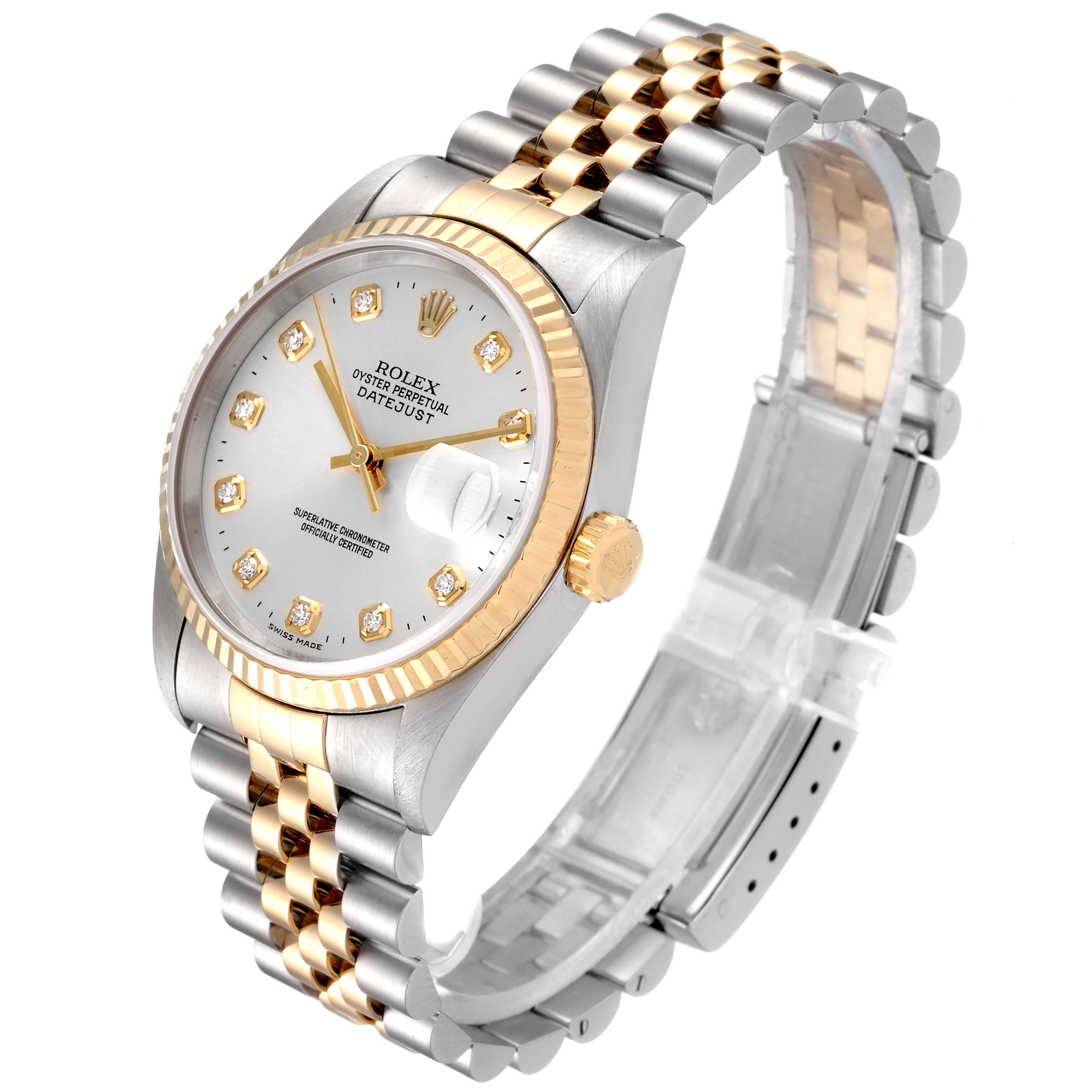 The Rolex Datejust 16233 Men's Steel and Gold (two tone) Silver Dial 16233 Men's Steel and Gold (two tone) Silver Dial watch is shown at a three-quarter angle, featuring its dial, bezel, bracelet, and crown.