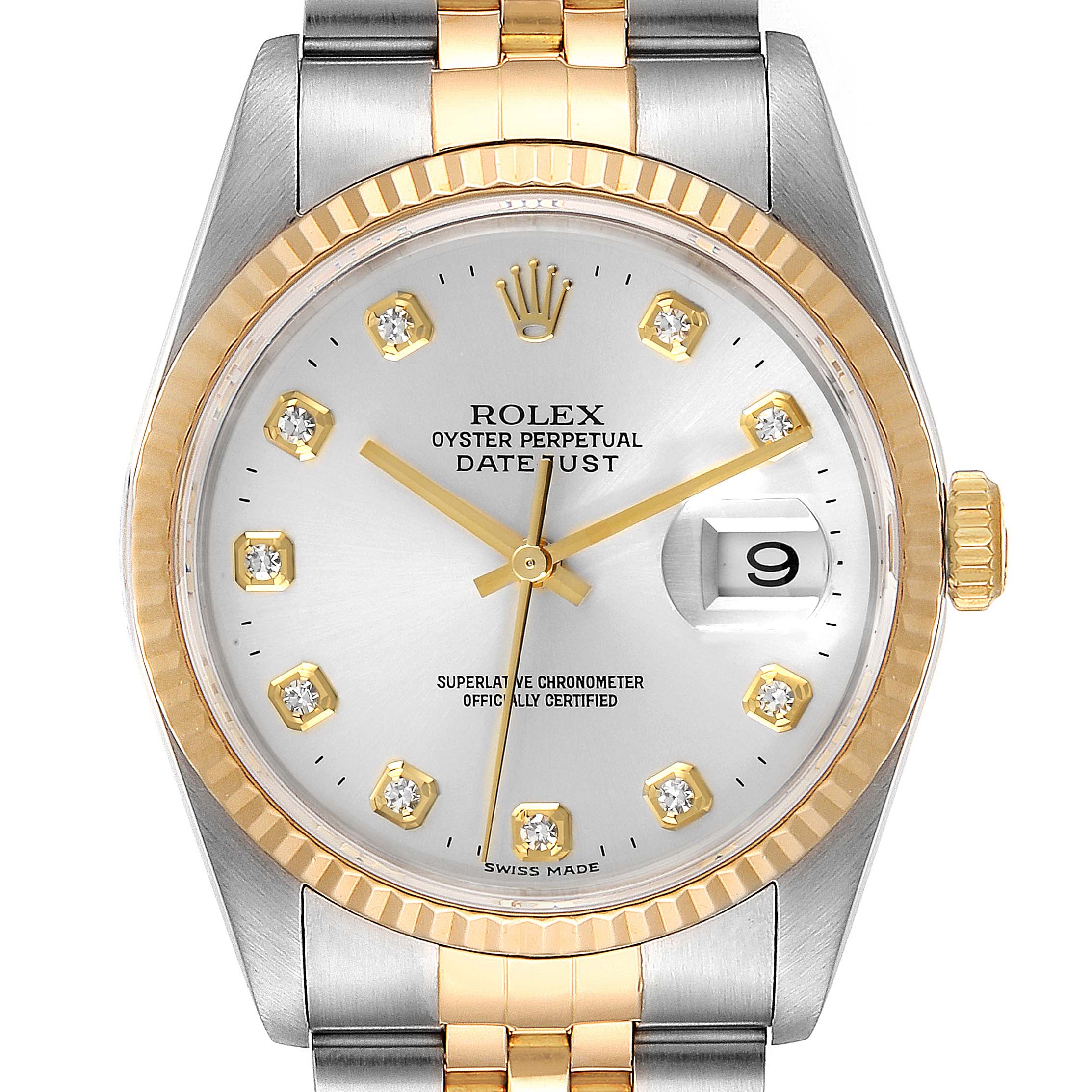 This image shows a front view of a Rolex Datejust 16233 Men's Steel and Gold (two tone) Silver Dial 16233 Men's Steel and Gold (two tone) Silver Dial watch, highlighting its face, dial, bezel, crown, and bracelet.