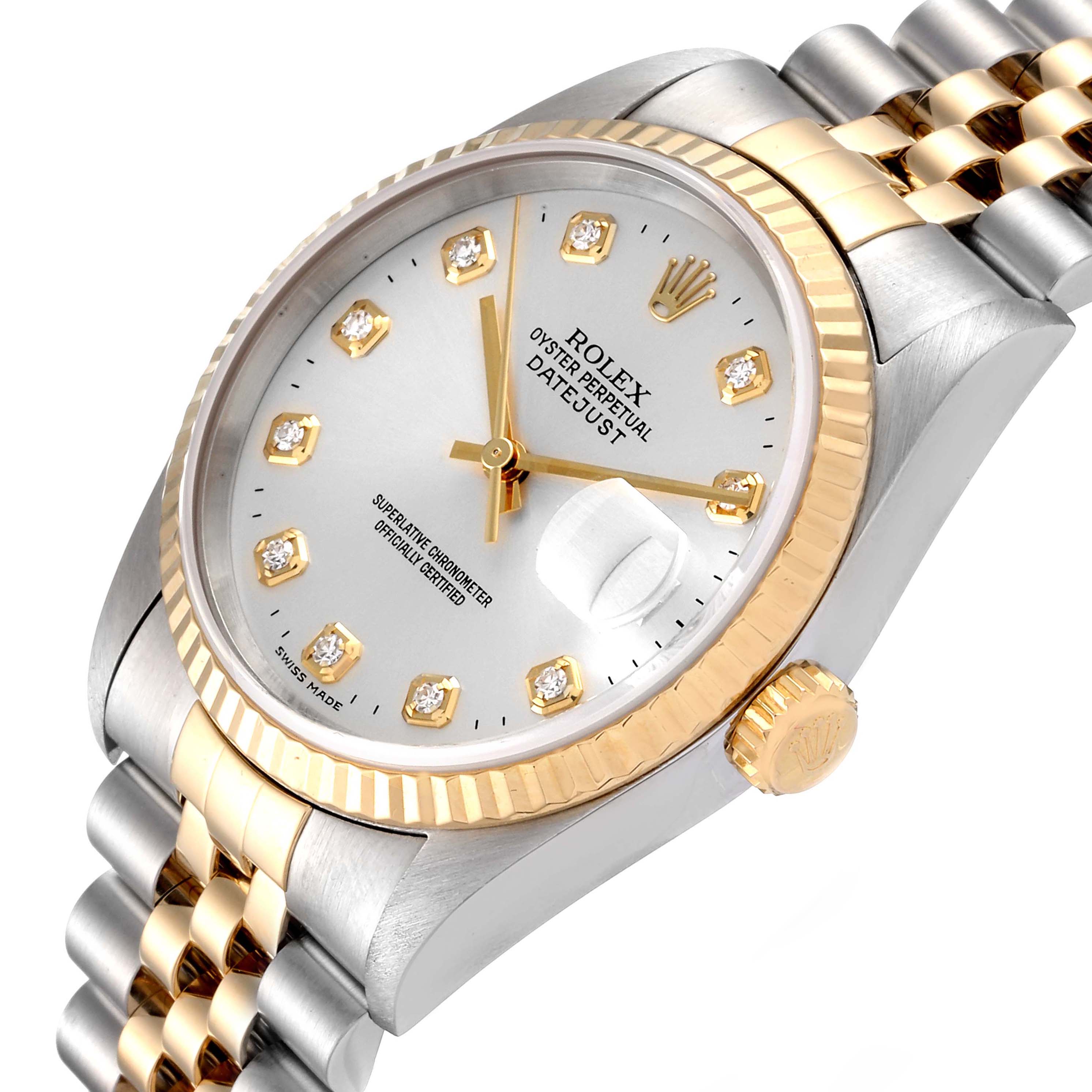 The Rolex Datejust 16233 Men's Steel and Gold (two tone) Silver Dial 16233 Men's Steel and Gold (two tone) Silver Dial watch is shown at an oblique angle, highlighting the bezel, dial, crown, and part of the bracelet.