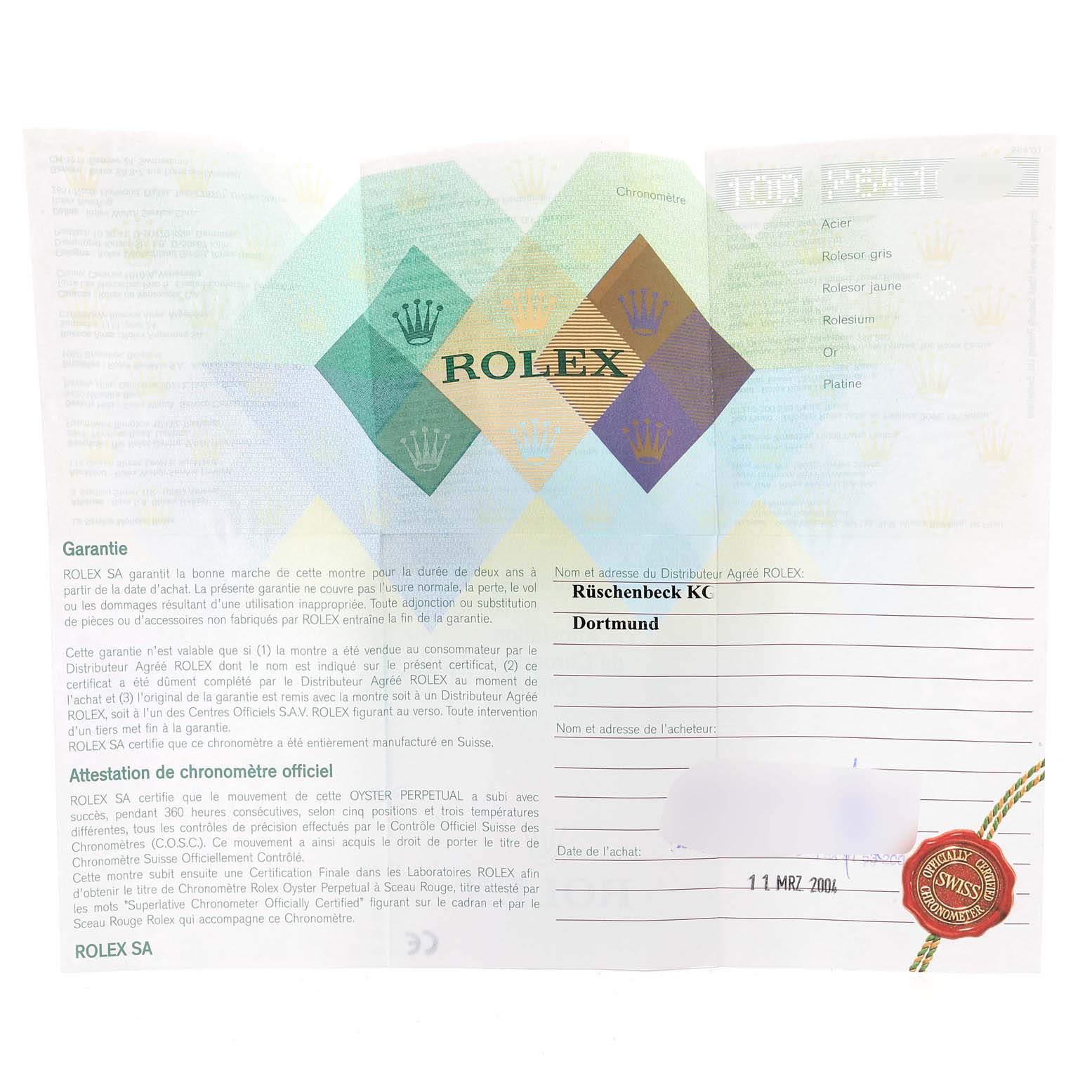 This image shows the official guarantee certificate for a Rolex Datejust 16233 Men's Steel and Gold (two tone) Silver Dial 16233 Men's Steel and Gold (two tone) Silver Dial watch.