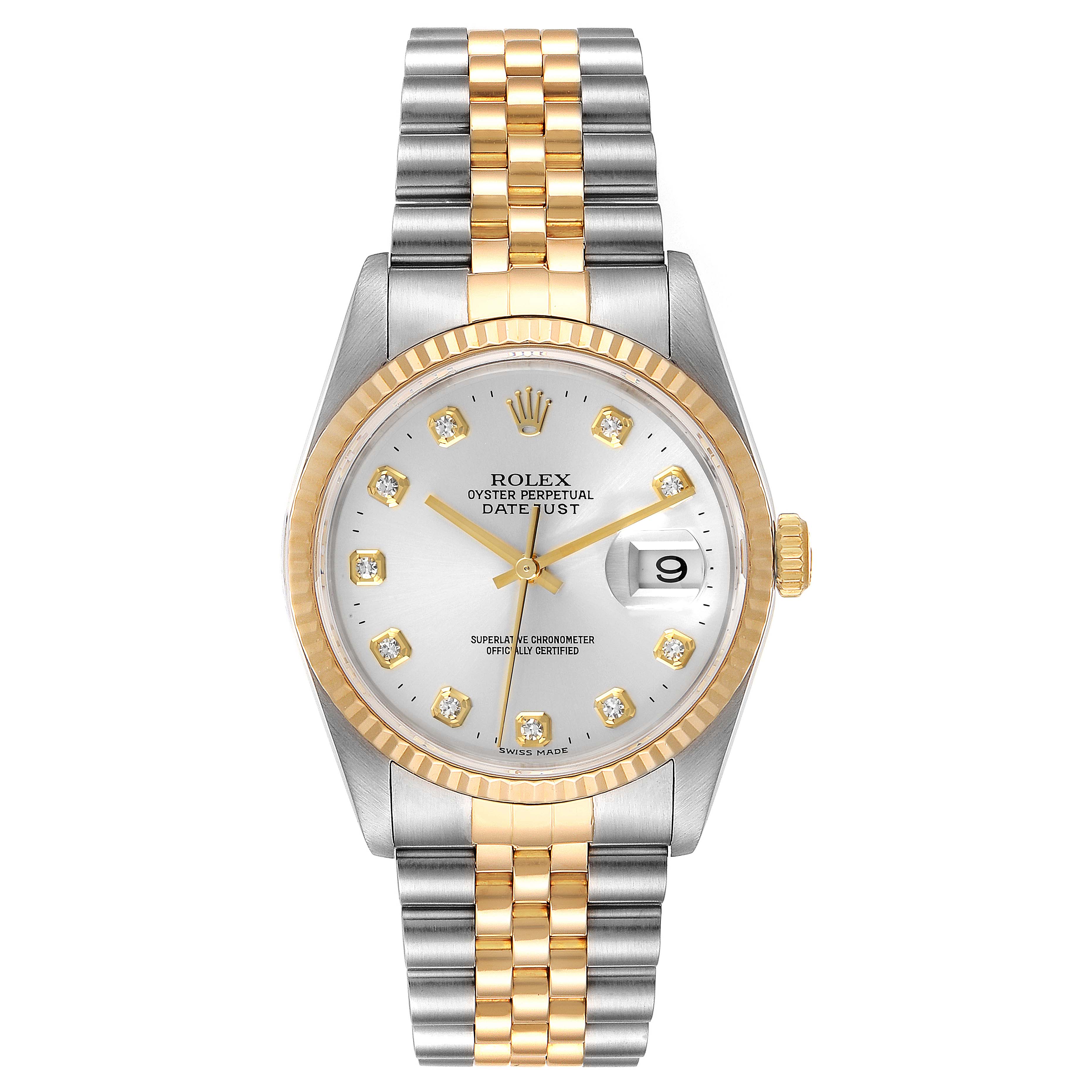 The Rolex Datejust 16233 Men's Steel and Gold (two tone) Silver Dial 16233 Men's Steel and Gold (two tone) Silver Dial watch is shown from a frontal angle, displaying its dial, bezel, and two-tone bracelet.