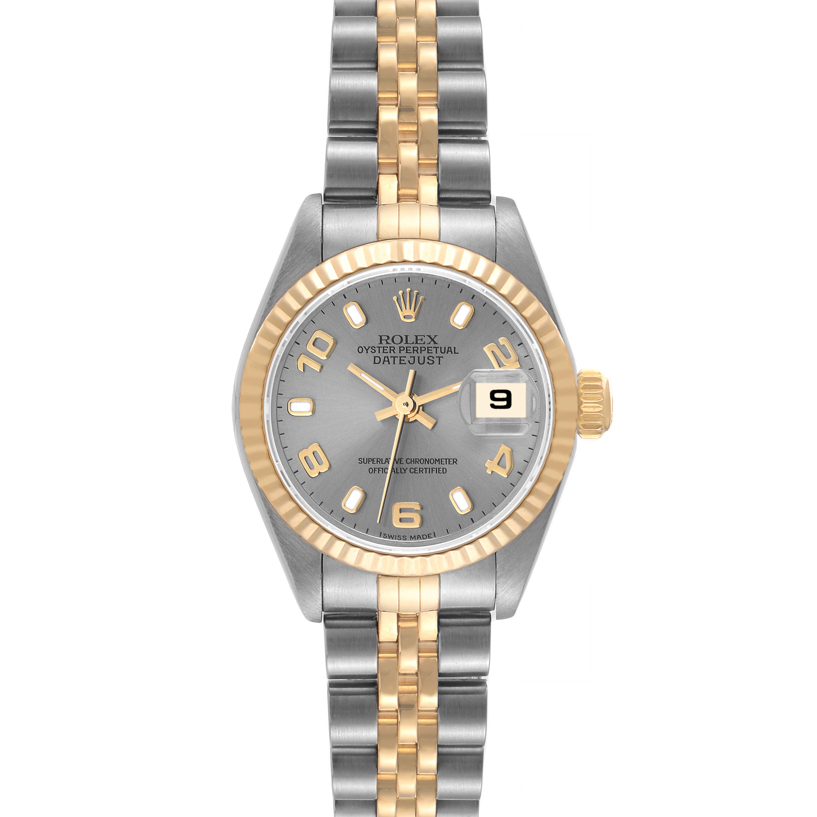 This image shows a front view of a Rolex Datejust 79173 Women's Steel and Gold (two tone) Grey Dial 79173 Women's Steel and Gold (two tone) Grey Dial watch, displaying the face, bracelet, bezel, and date window.