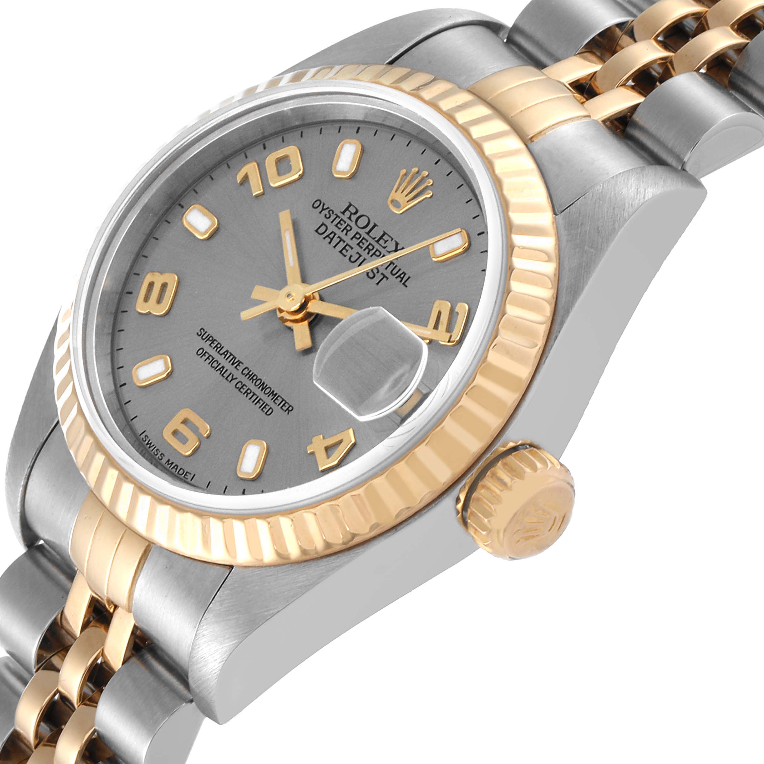 The image shows a Rolex Datejust 79173 Women's Steel and Gold (two tone) Grey Dial 79173 Women's Steel and Gold (two tone) Grey Dial watch at an angled close-up, highlighting the face, bezel, crown, and part of the bracelet.