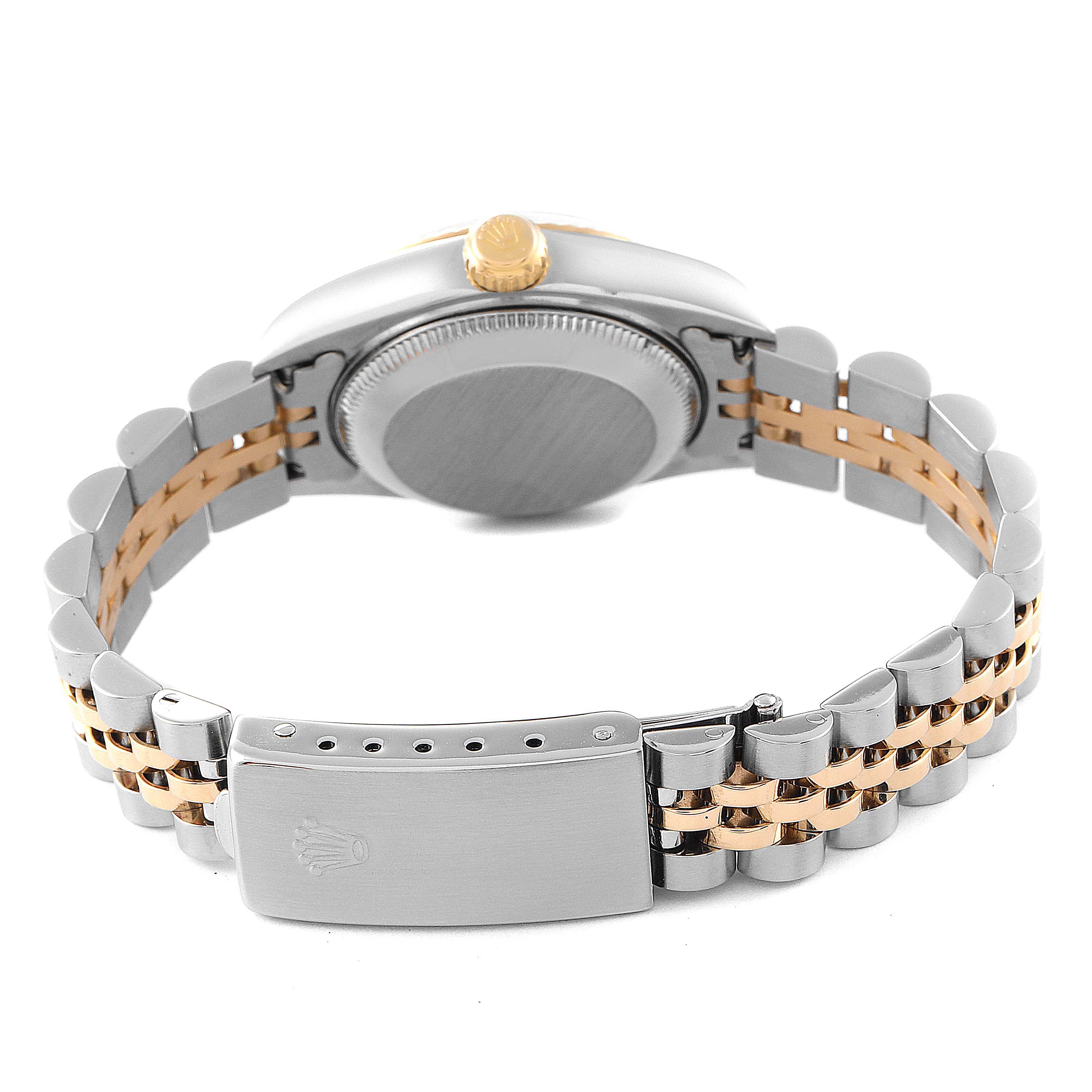 This image shows the back and bracelet clasp of a Rolex Datejust 79173 Women's Steel and Gold (two tone) Grey Dial 79173 Women's Steel and Gold (two tone) Grey Dial watch from a low rear angle.