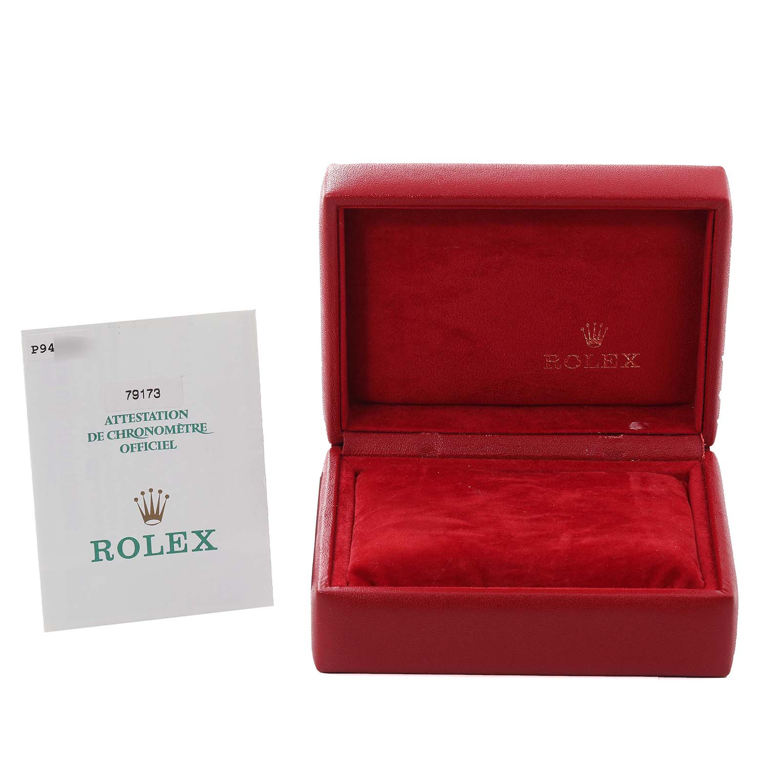 This image shows a red Rolex Datejust 79173 Women's Steel and Gold (two tone) Grey Dial 79173 Women's Steel and Gold (two tone) Grey Dial watch box and an official chronometer certificate.